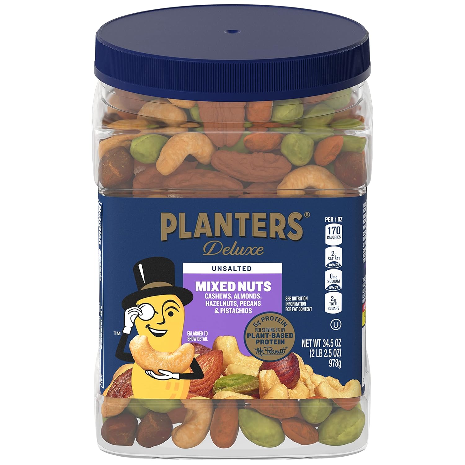 planters unsalted premium nuts 34.5 oz resealable container with roasted california pistachios and mixed nuts