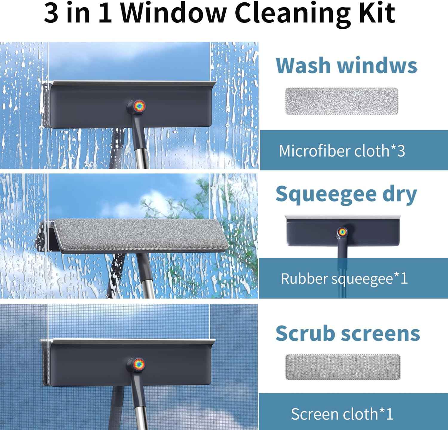 3 in 1 Window Squeegee for Home, Window Cleaning Kit with 60" Extension Pole, Professional Window Cleaner Tool for Outdoor Windows, Glass, Mirrors, Screens with 3 Microfiber Cloths & Screen Brush