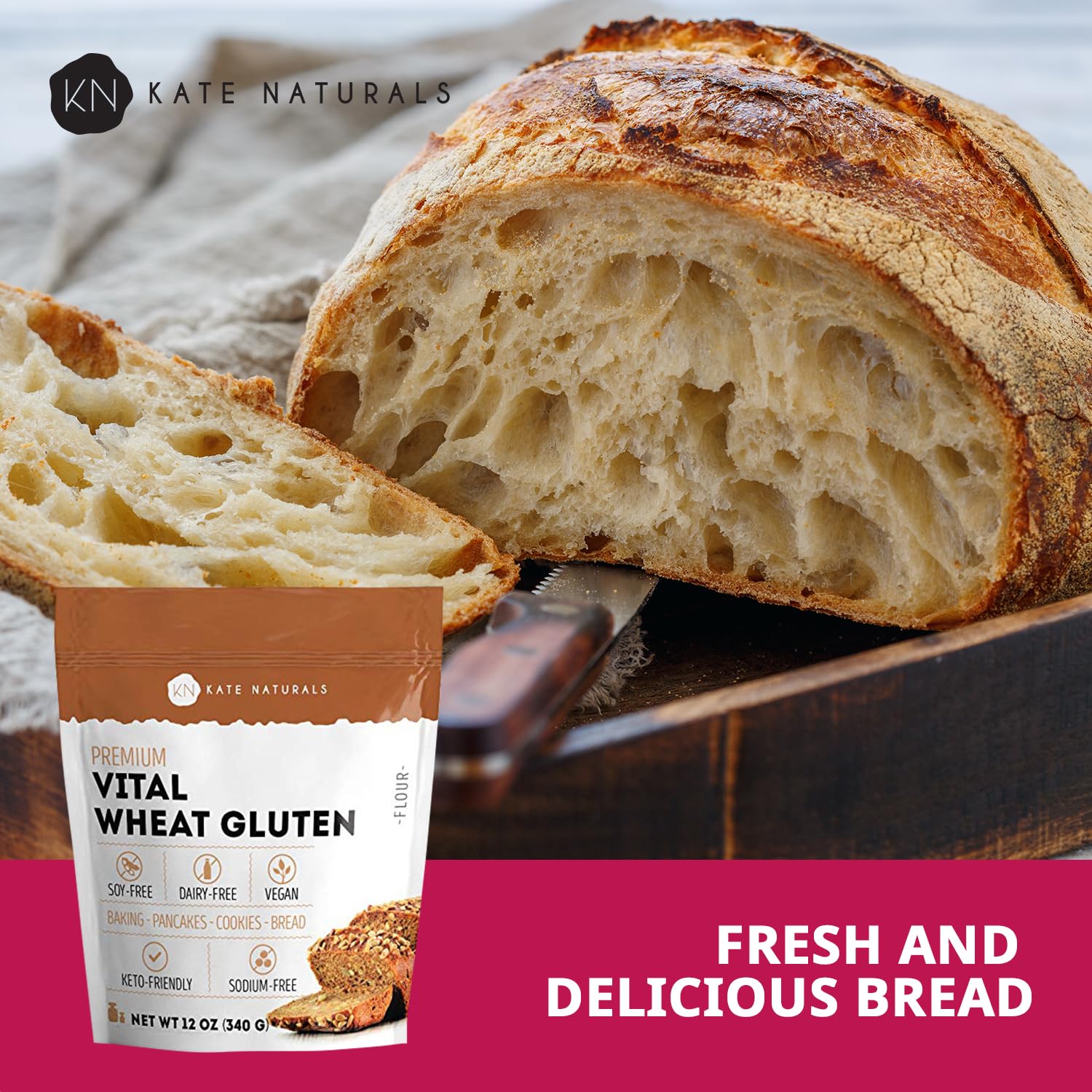 Kate Naturals Vital Wheat Gluten, 12oz, High Protein Flour for Bread, Seitan, and Keto Baking