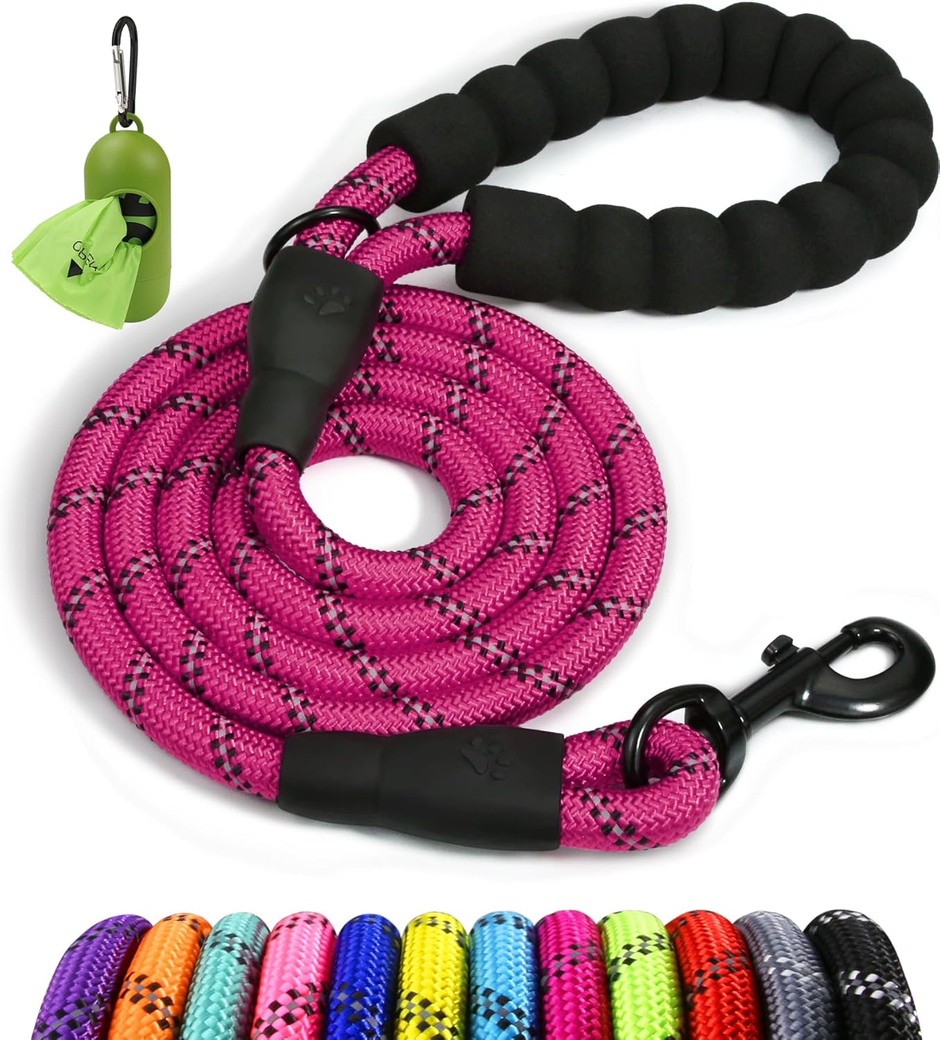 Taglory 6 FT Rope Dog Leash for Medium Large Dogs with Padded Handle, Reflective Threads, 1/2 inch, Black