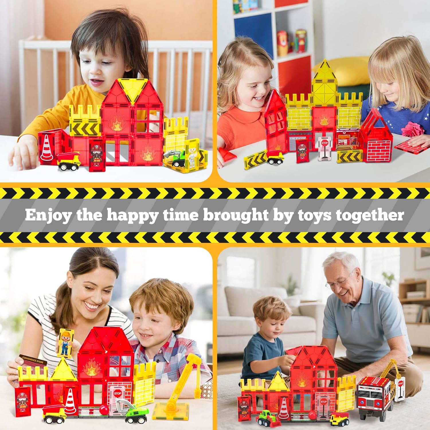 Magnetic Tiles for Kids, 56PCS Construction Magnet Tiles with Fire Truck Station, Building, Road, Crane, Car Truck - STEM Magnetic Blocks for Kids Ages 4-8, Toys for 4 5 Year Old Boys Birthday Gifts