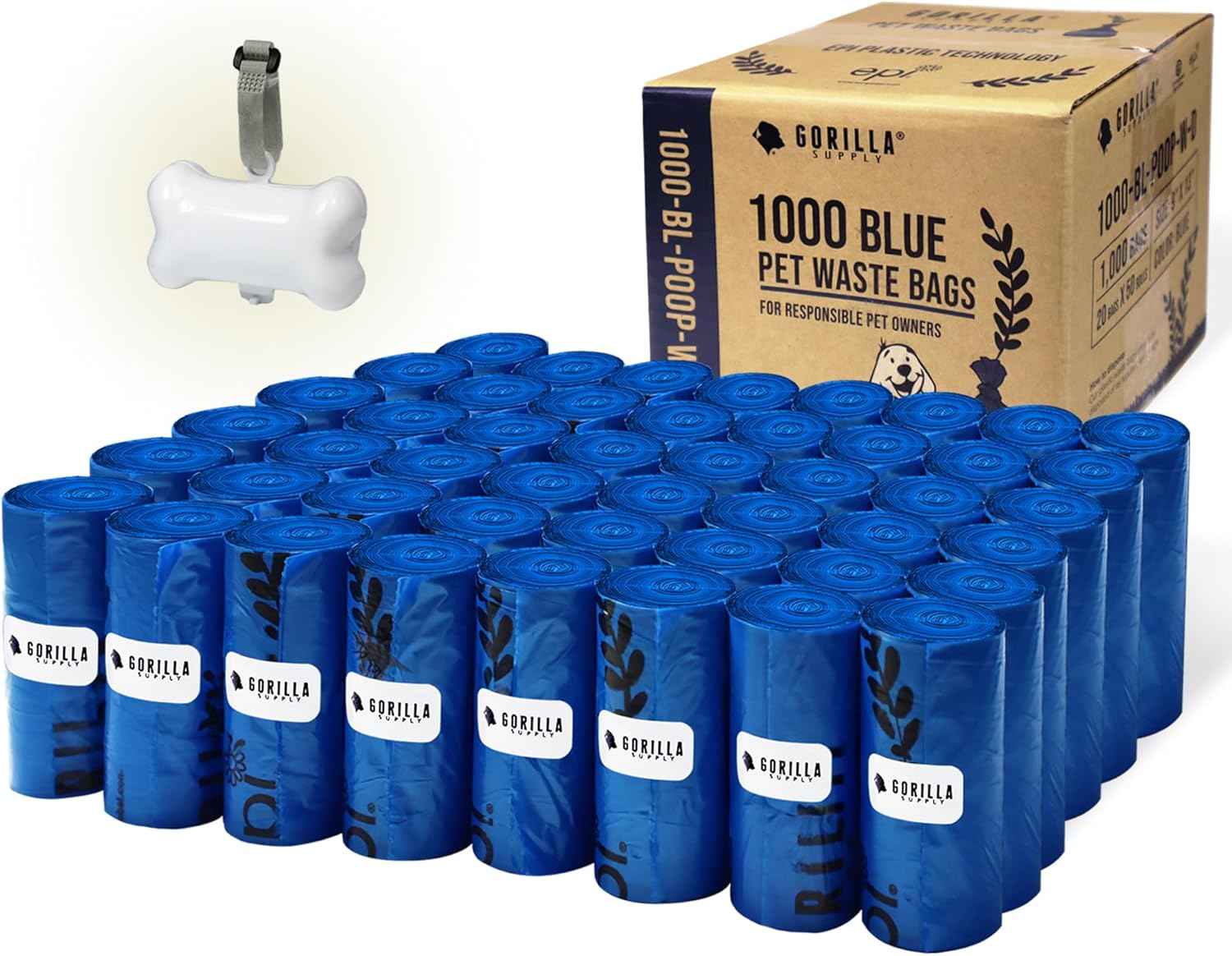 GORILLA SUPPLY 1000 Dog Poop Waste Bags with Dispenser and Leash Tie, 9" x 13", Blue, 1000 Count