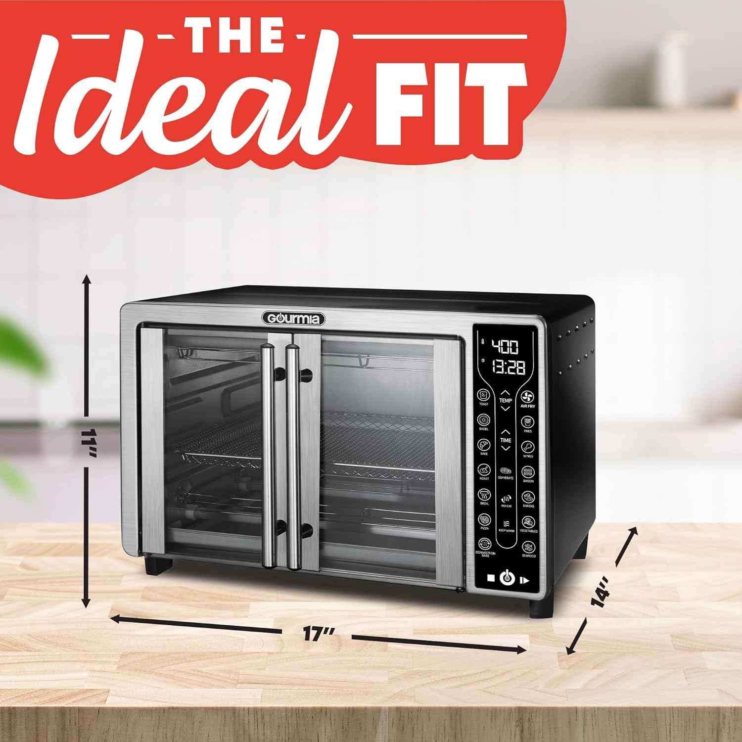 Gourmia French Door Air Fryer – 25 Qt Large Capacity Convection Oven, Fryfroce 360°, Digital Display with 17 Cooking Presets, Bake, Toast, Roast, Dehydrate, Fits 12” Pizza