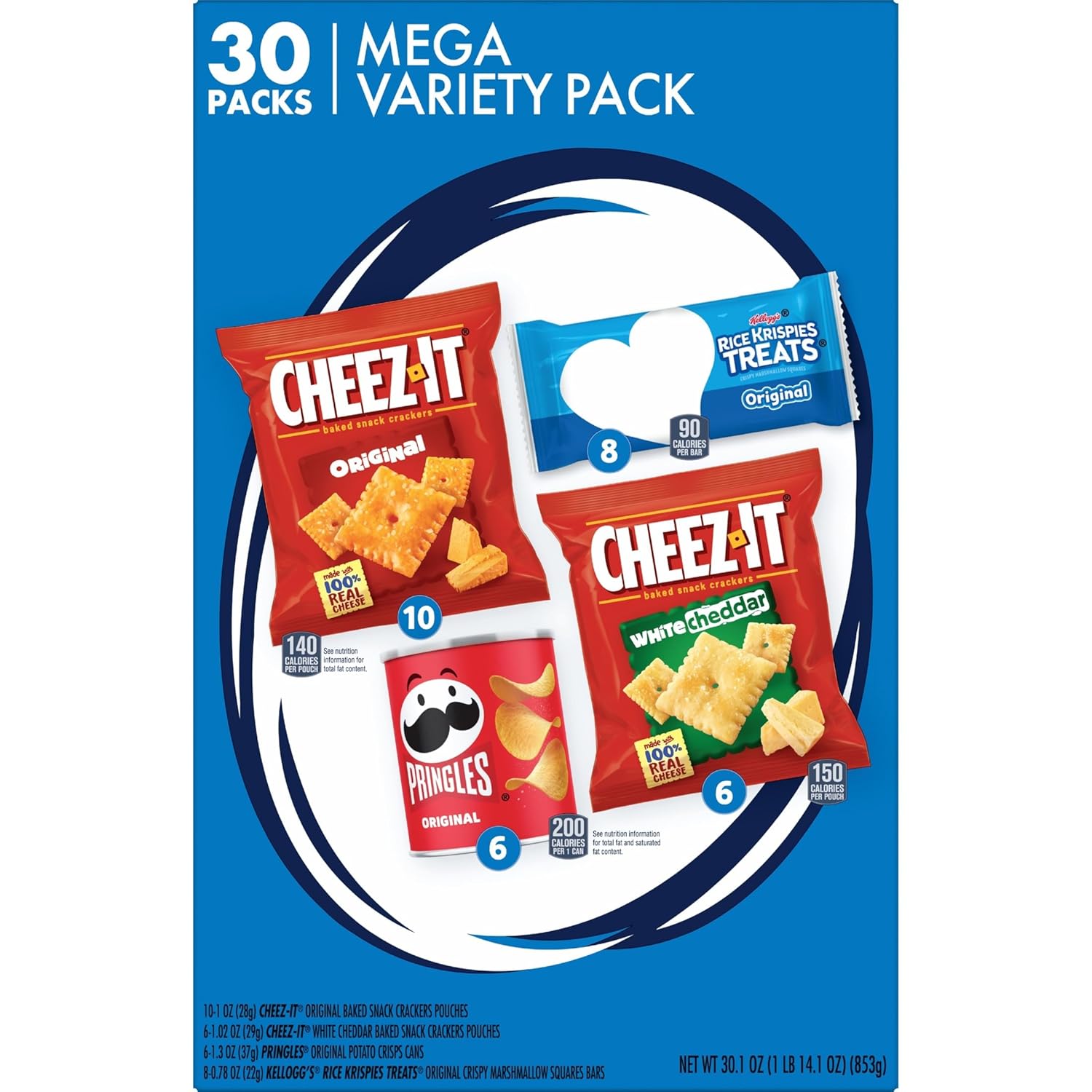 Kellogg's Cheez-It, Pringles & Rice Krispies Treats Snacks Mega Variety Pack, 30.1oz Box, 30 Count, Assorted Flavors