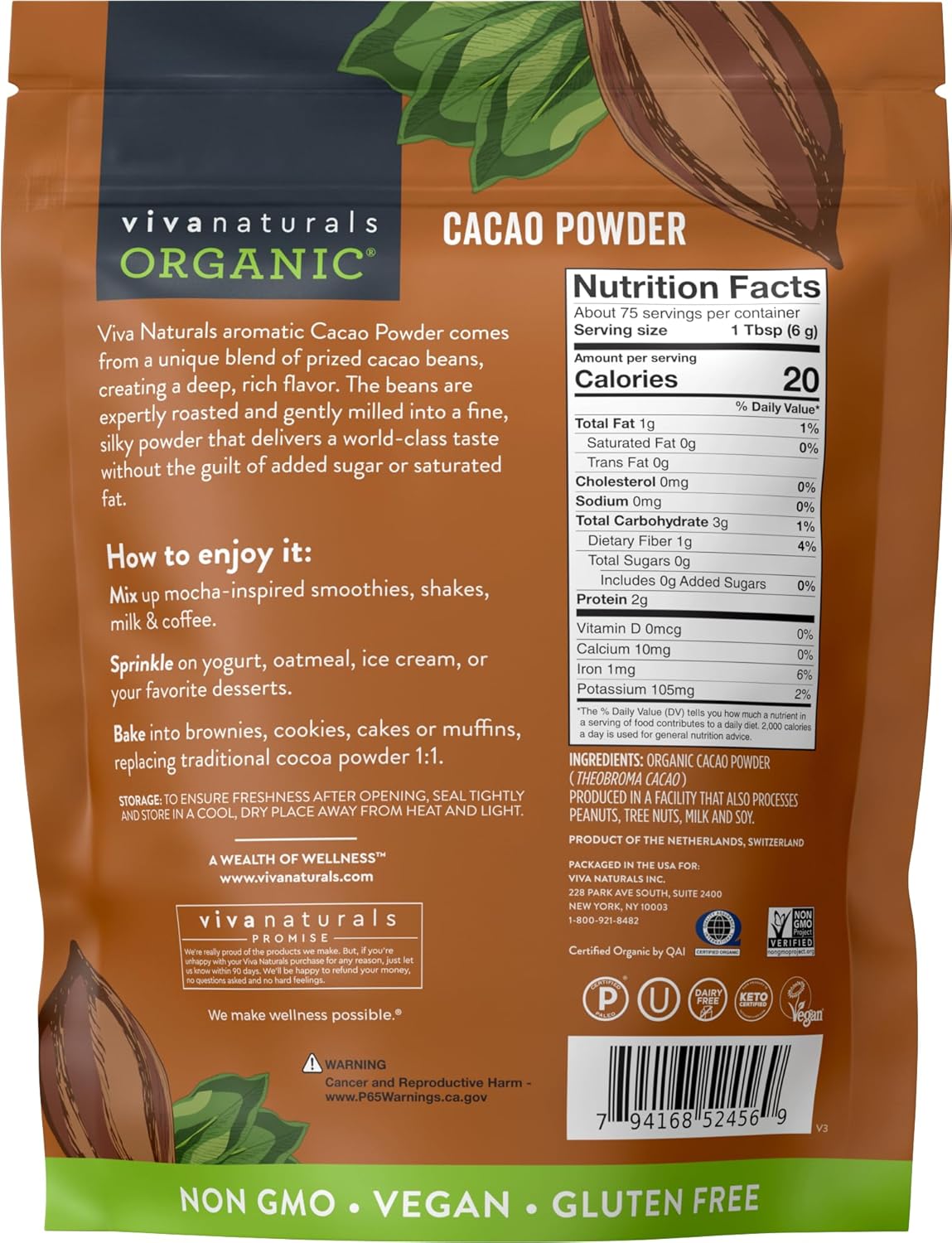organic unsweetened cacao powder 1 lb rich dark chocolate flavor vegan keto paleo non-gmo gluten-free