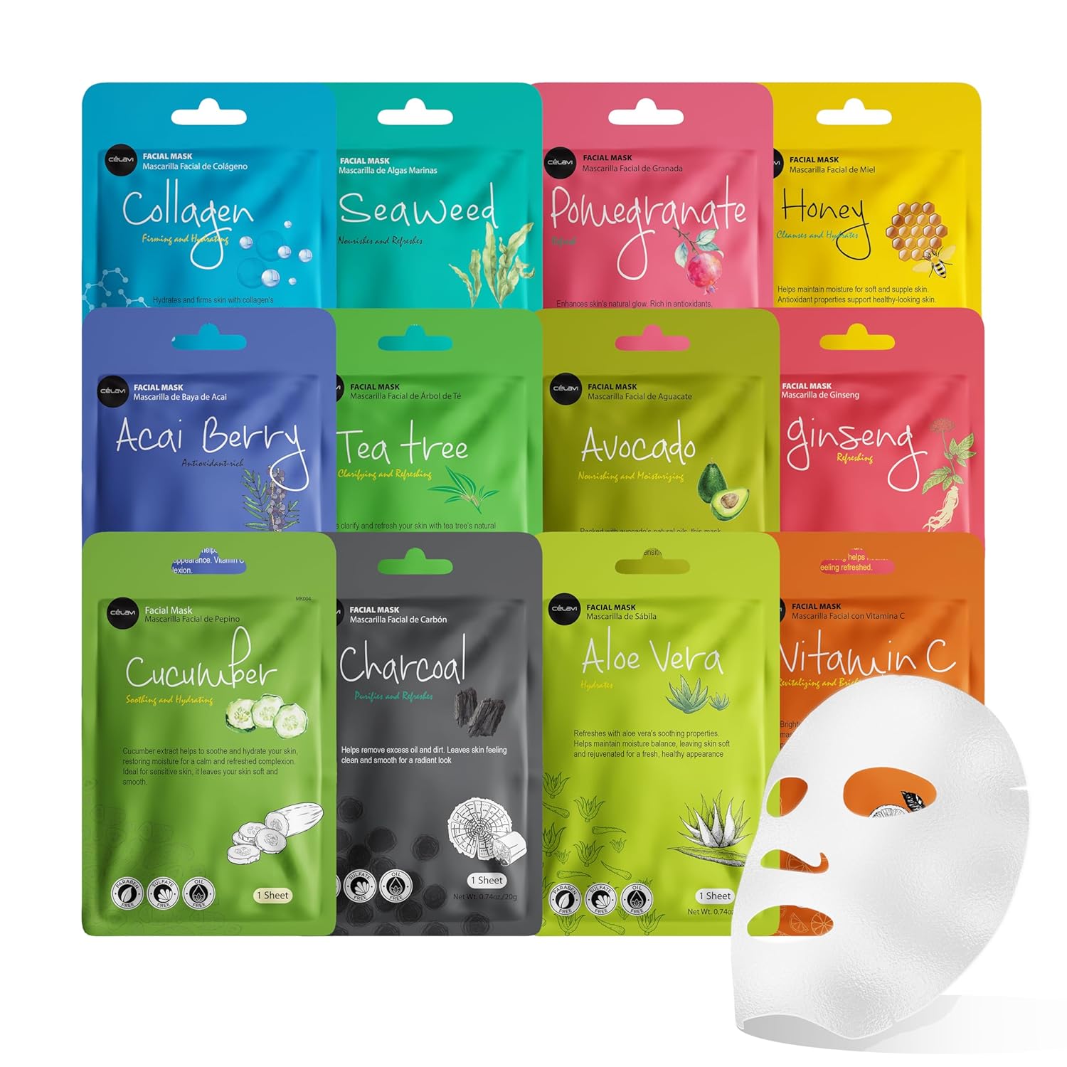 celavi essence facial sheet face mask variety set classic authentic korean moisturizing skincare 12-packs
