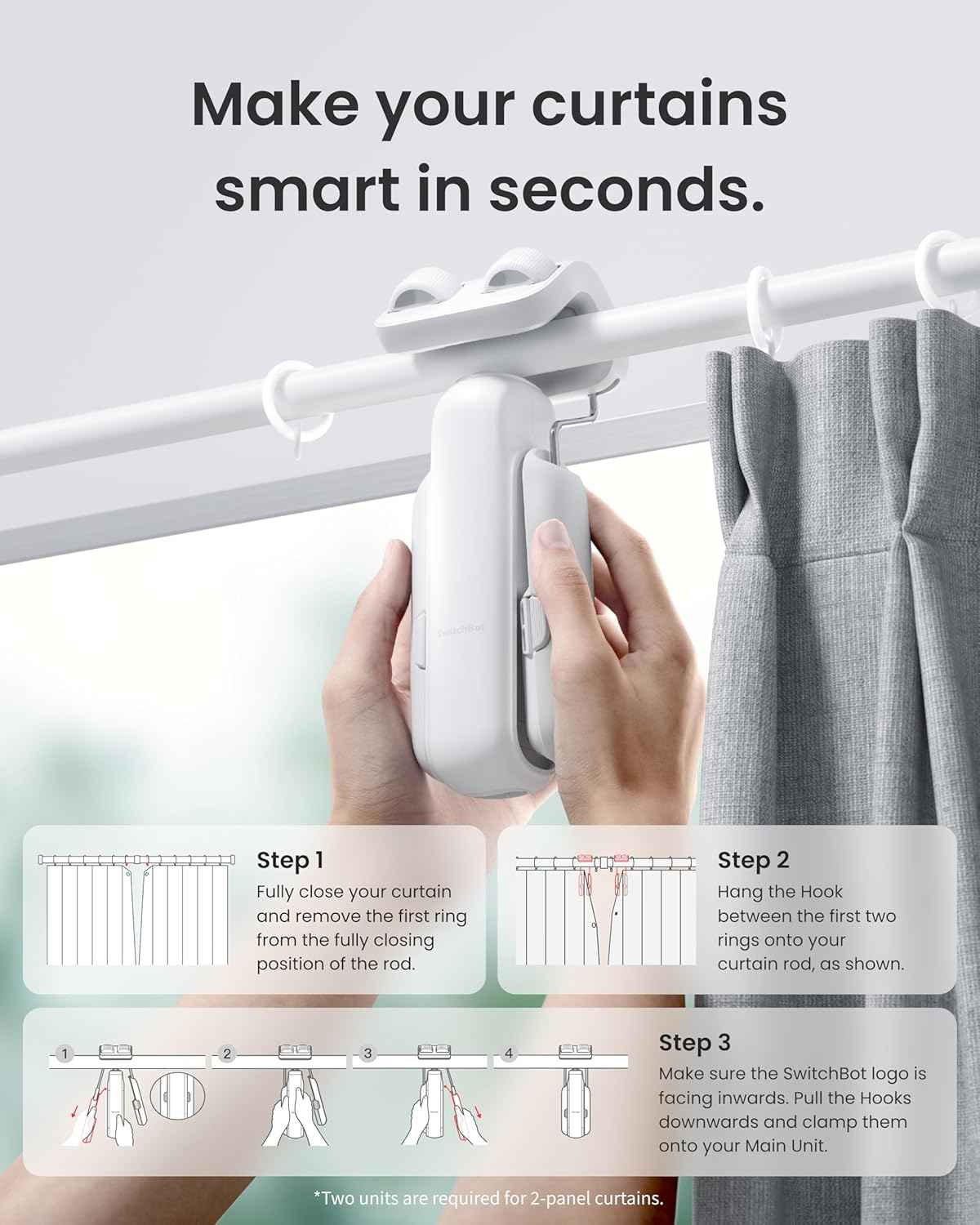 SwitchBot 2025 Automatic Curtain Opener 3 Rod-Bluetooth Remote Control, WiFi&Smartphone Control, Upgraded High-Performance, Add Hub to Work with Alexa, Google Home, HomeKit