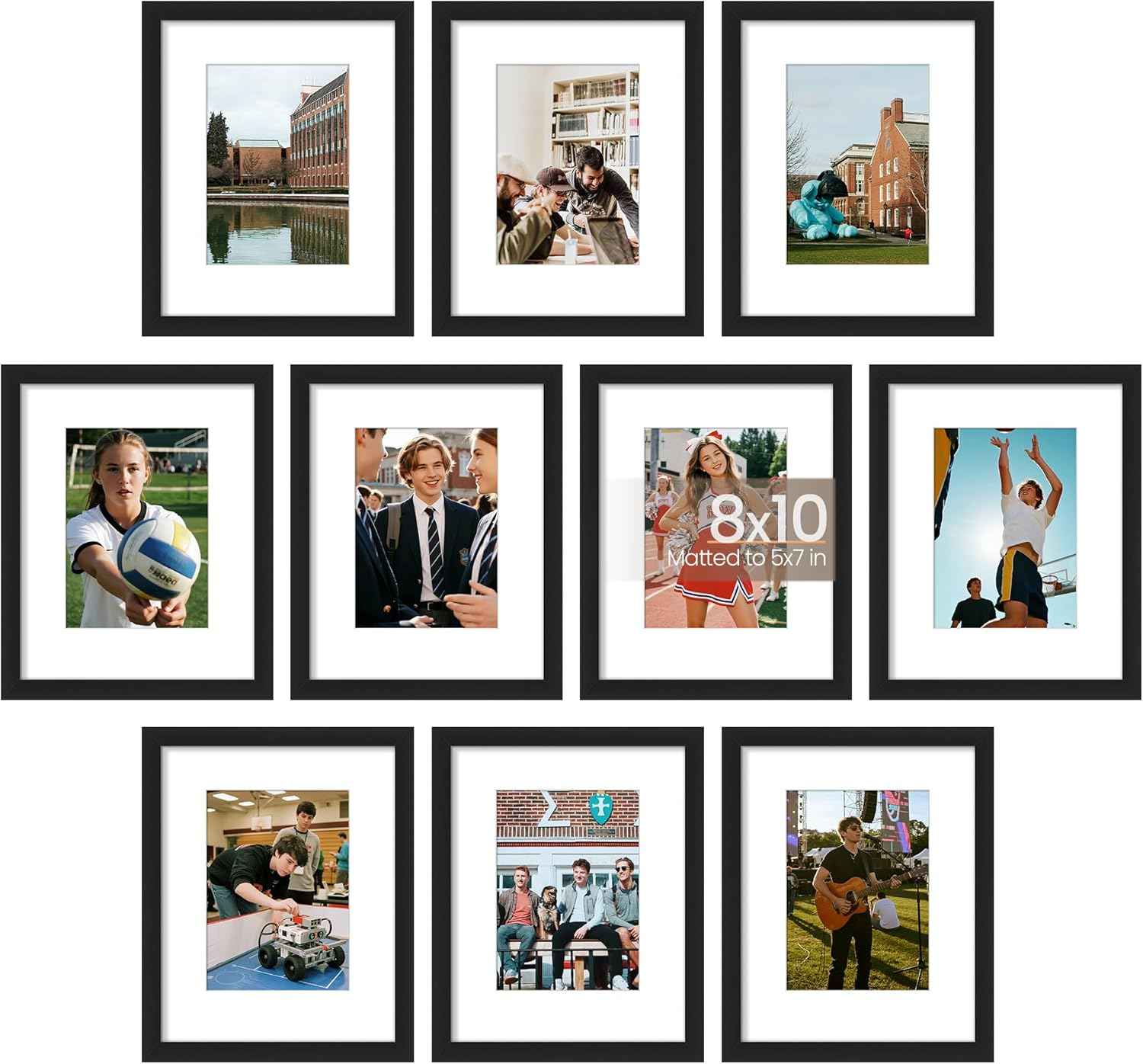 upsimples 5x7 Picture Frame Set of 10, Display Pictures 4x6 with Mat or 5x7 Without, Multi Photo Frames Collage for Wall or Tabletop Display, Black