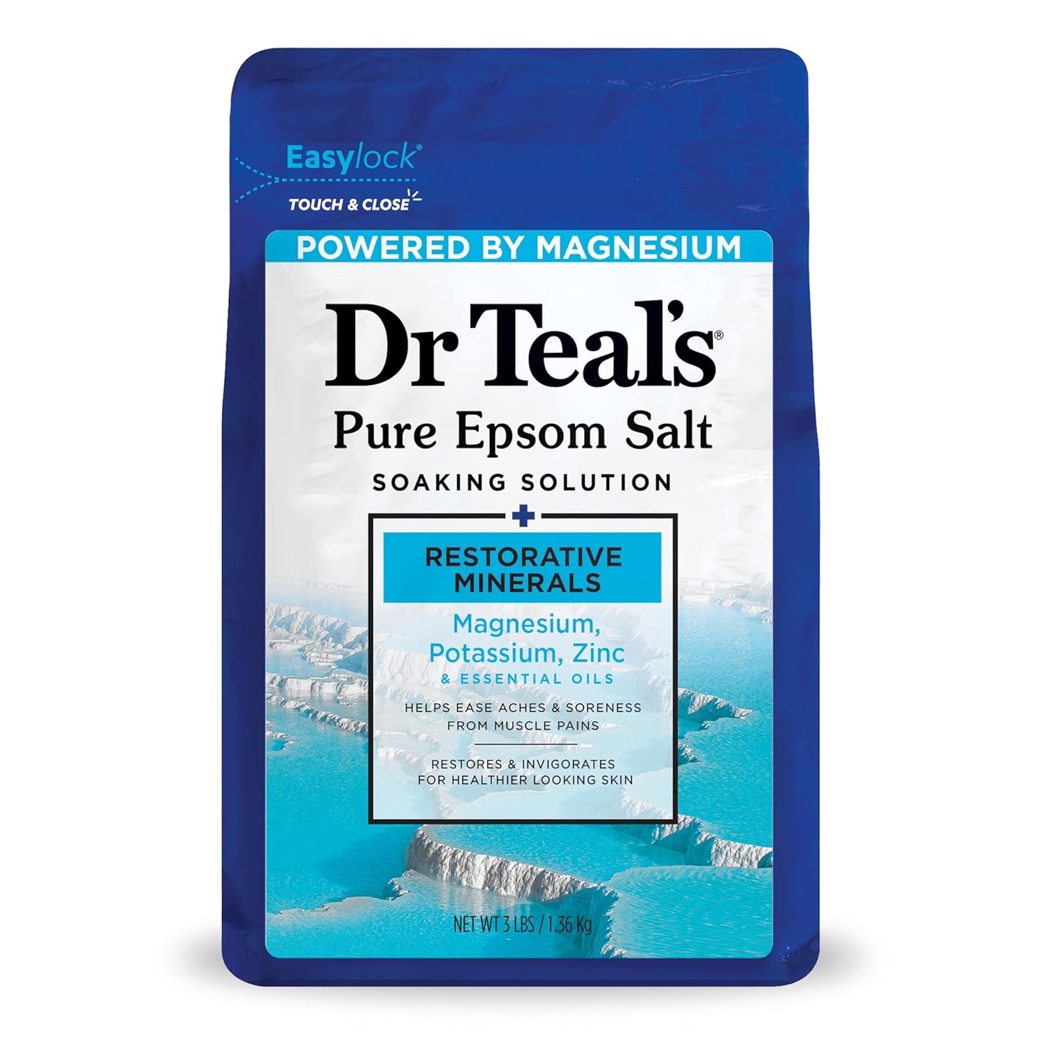 Dr Teal's Pure Epsom Salt, Magnesium, Potassium, & Zinc Rich Bath Soak, 3 lbs, Paraben-Free, Pet-Friendly