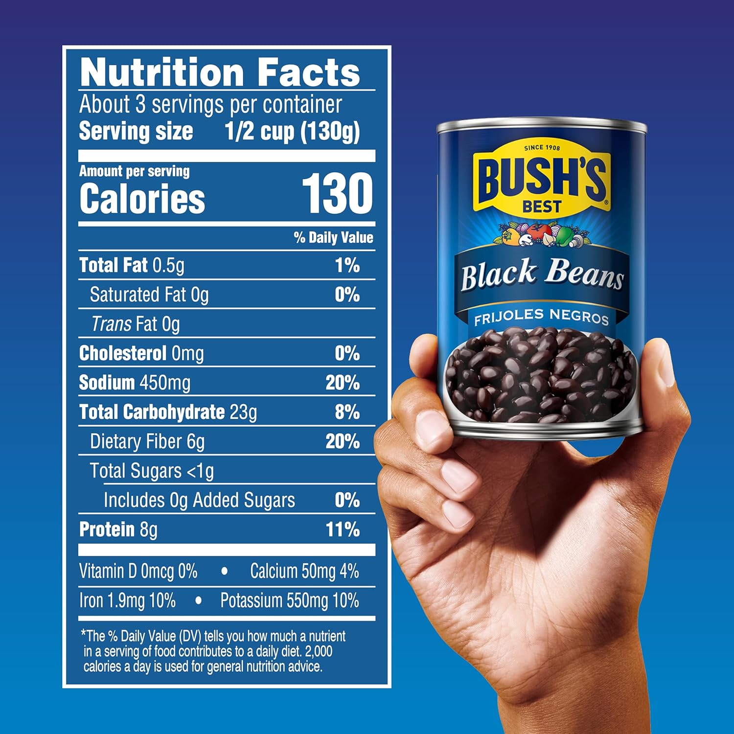 Bush's Best 15 oz canned black beans, gluten-free, low fat, source of plant-based protein and fiber, pack of 12