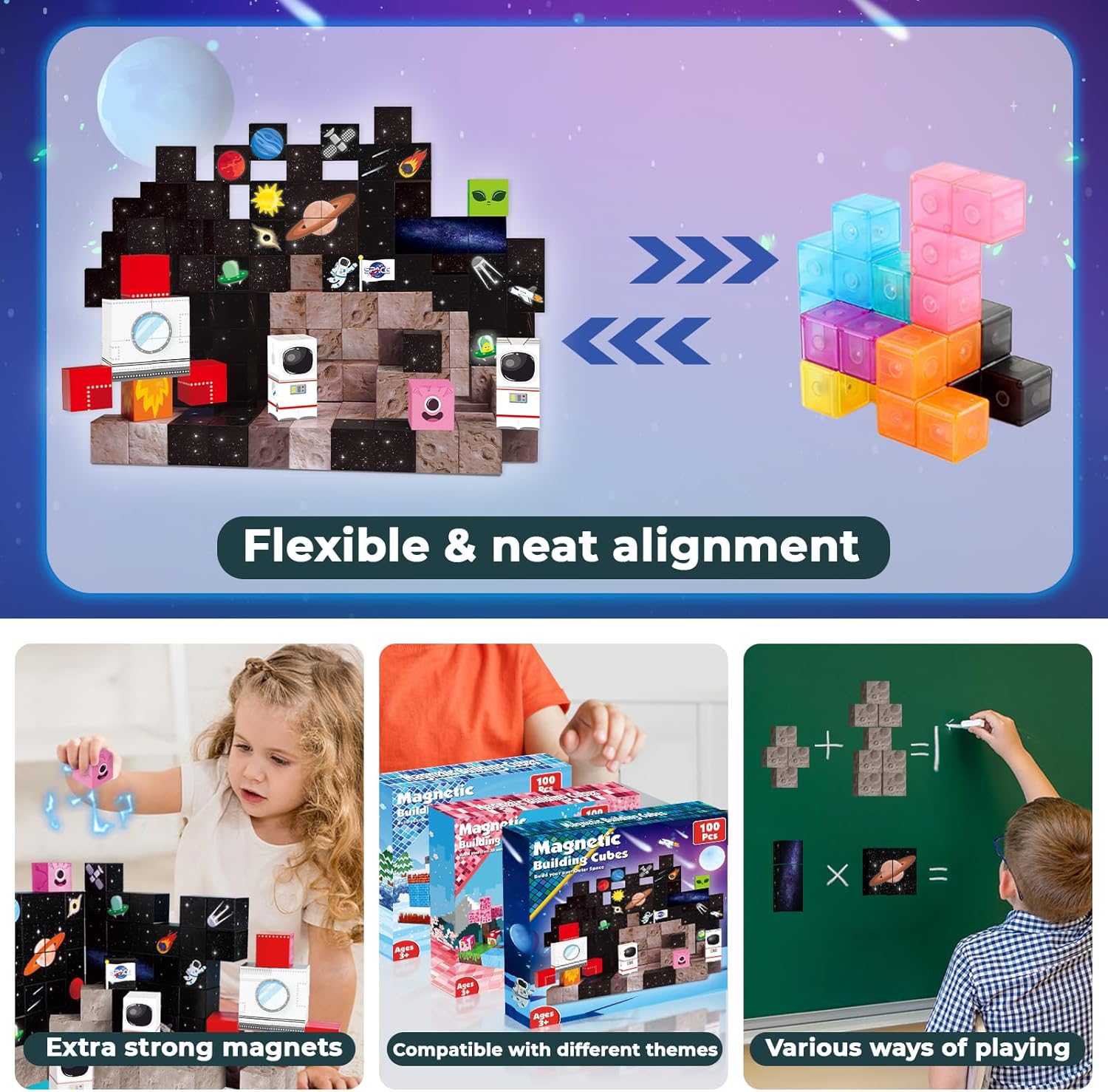 Goody King 100PCS Space Rocket Magnetic Building Blocks |Space Adventure Magnetic Blocks Set, STEM Montessori Stacking Toy, Building Playsets for Boys and Girls Ages 3-10,Sensory Tile Birthday Gifts