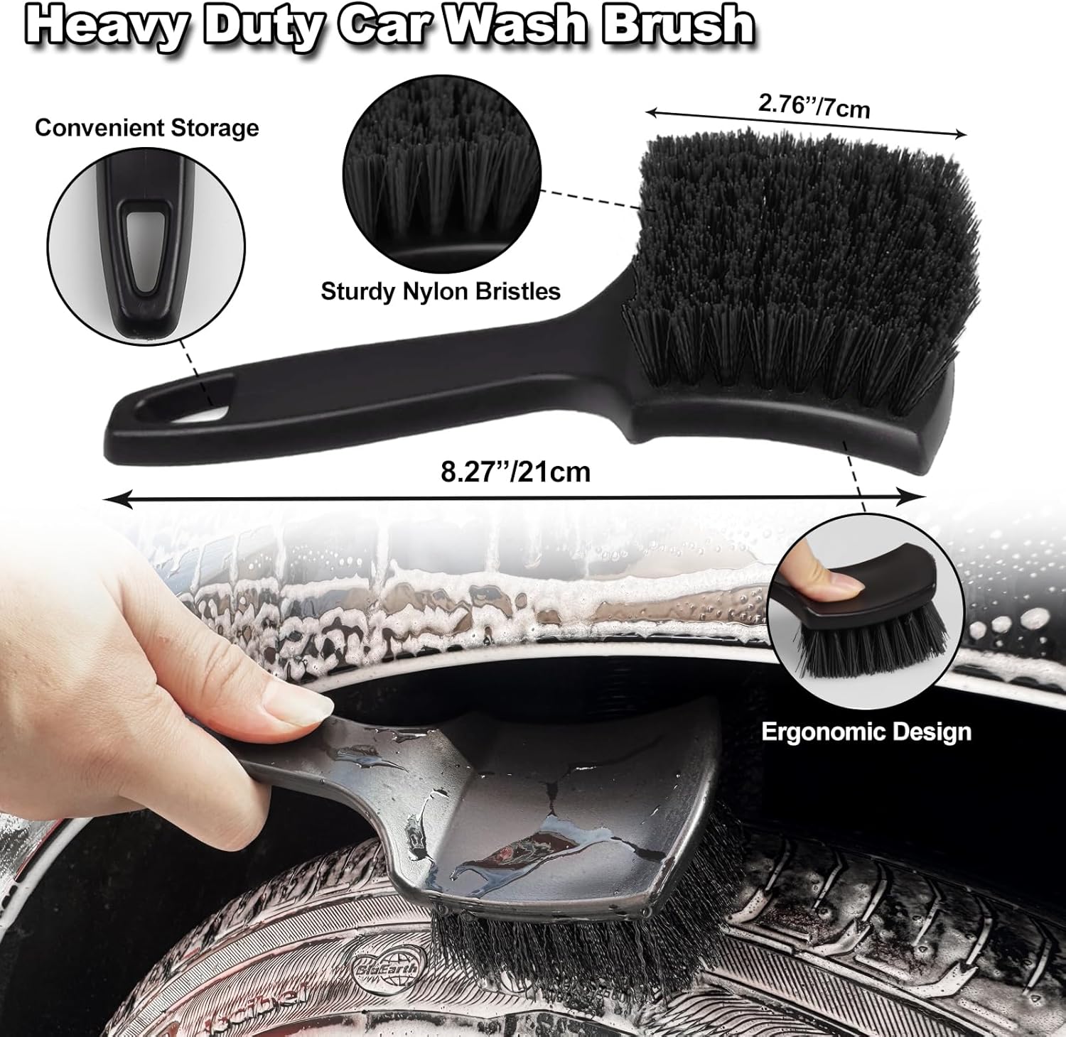 7-piece car wheel brush kit with metal-free design, soft-bristled rim cleaner, and tire shine applicator pad for gentle cleaning and detailing