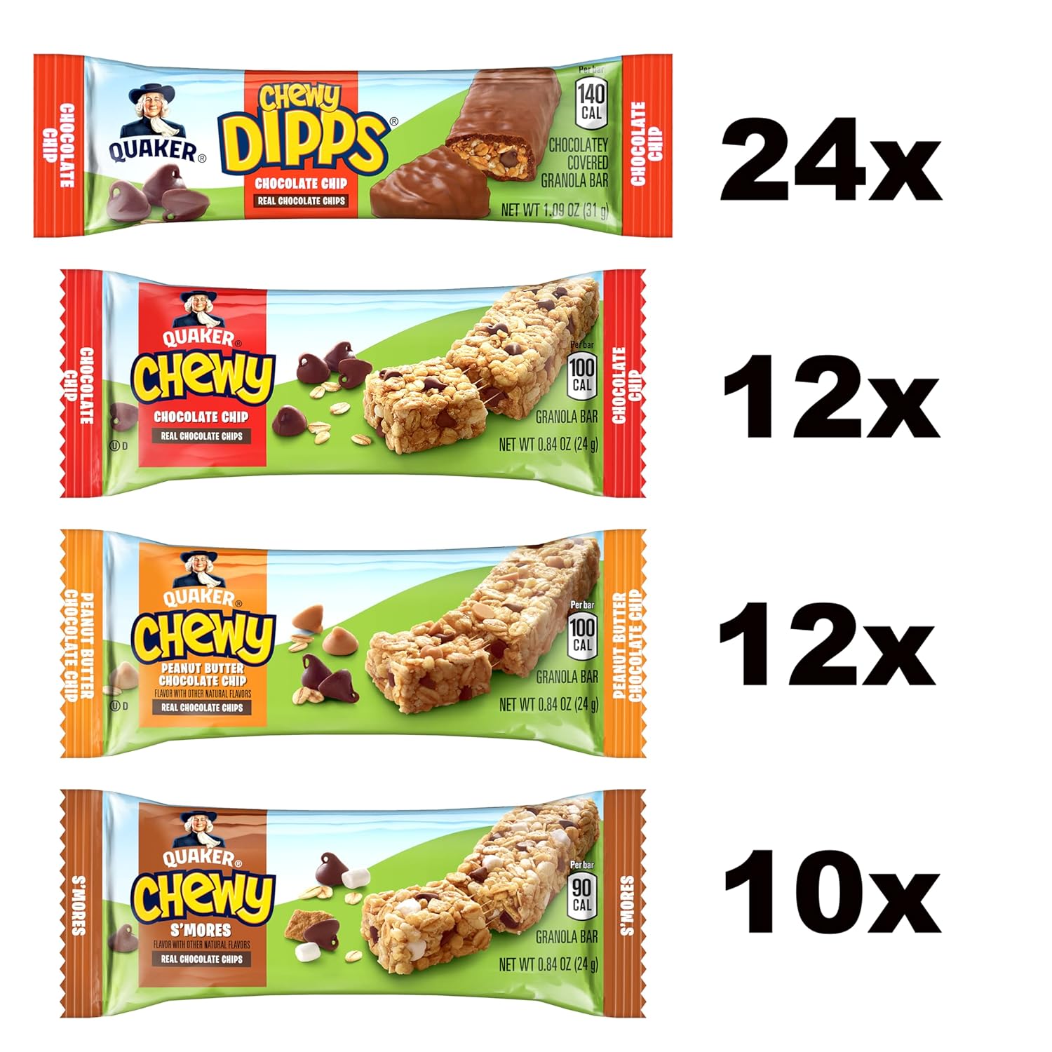 Quaker Chewy Granola Bars, Chewy & Dipps Variety Pack, 58 Bars, Whole Grains, No Artificial Flavors