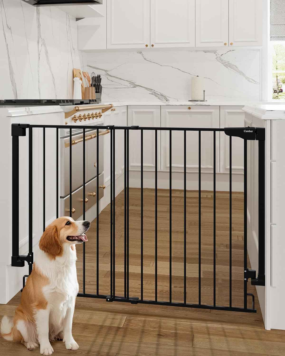 Cumbor 29.2–43" Baby Gate for Stairs, Wall-Mounted (Drill Required), Expandable No Bottom Bar Dog Gate, Auto Close Extra Wide Walk Thru, Pet & Toddler Proof Gate, Top & Bottom of Stairways (White)