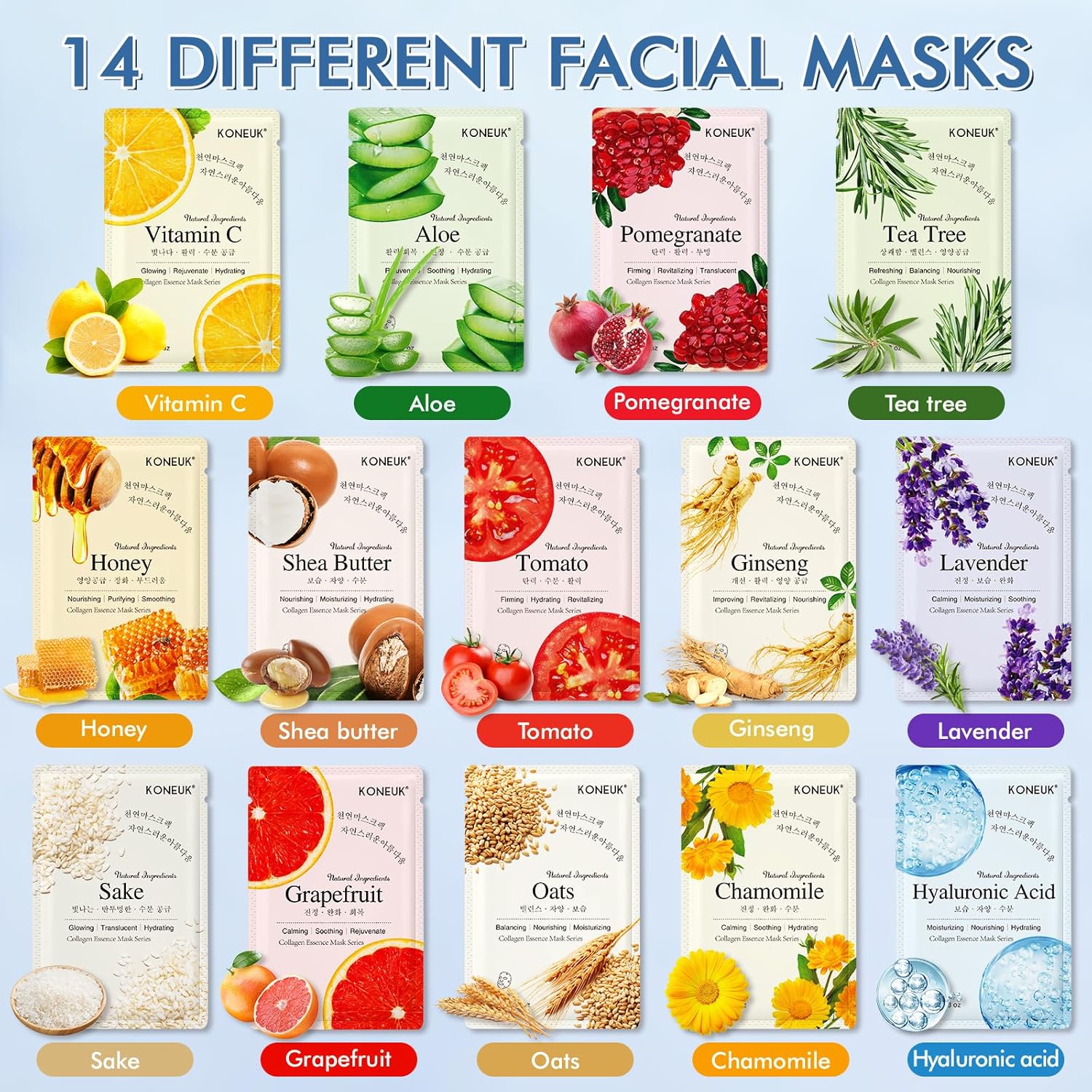 14 pack sheet face masks for dry skin, hydrating bulk facial mask set for women's skincare, gift face spa