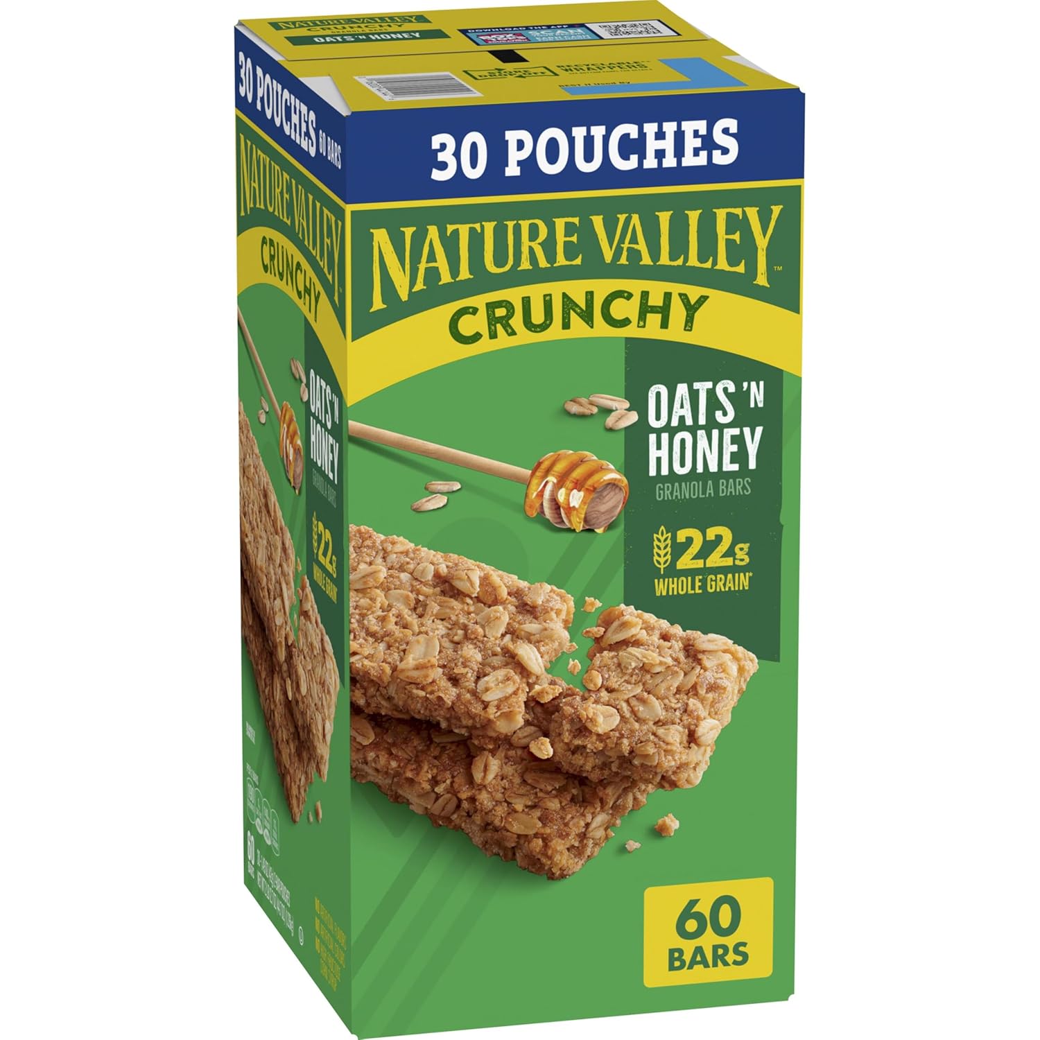 nature valley crunchy oats 'n honey granola bars, 60 bars, 44.7 oz, 30 pouches, whole grain oats, no artificial flavors, portable