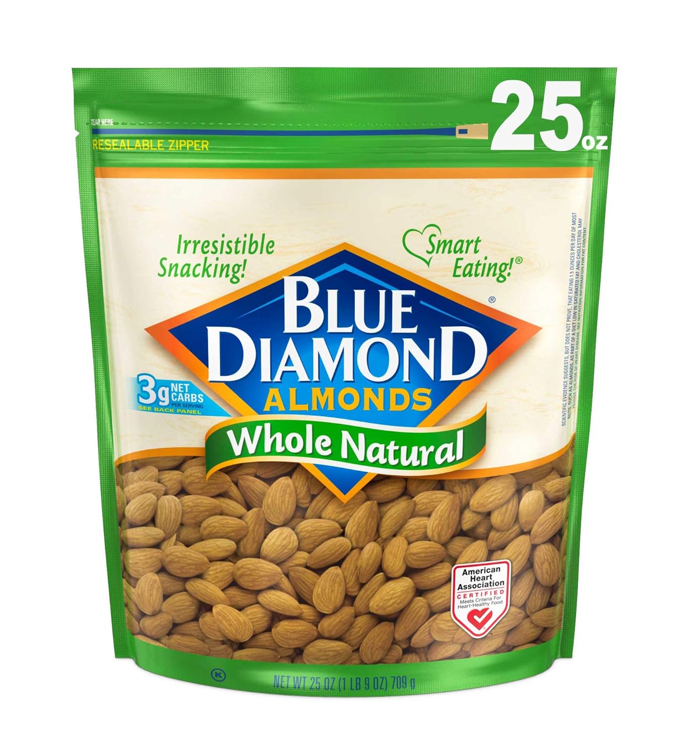Blue Diamond whole natural raw almonds, 25 oz resealable gluten-free snack bag, pack of 1