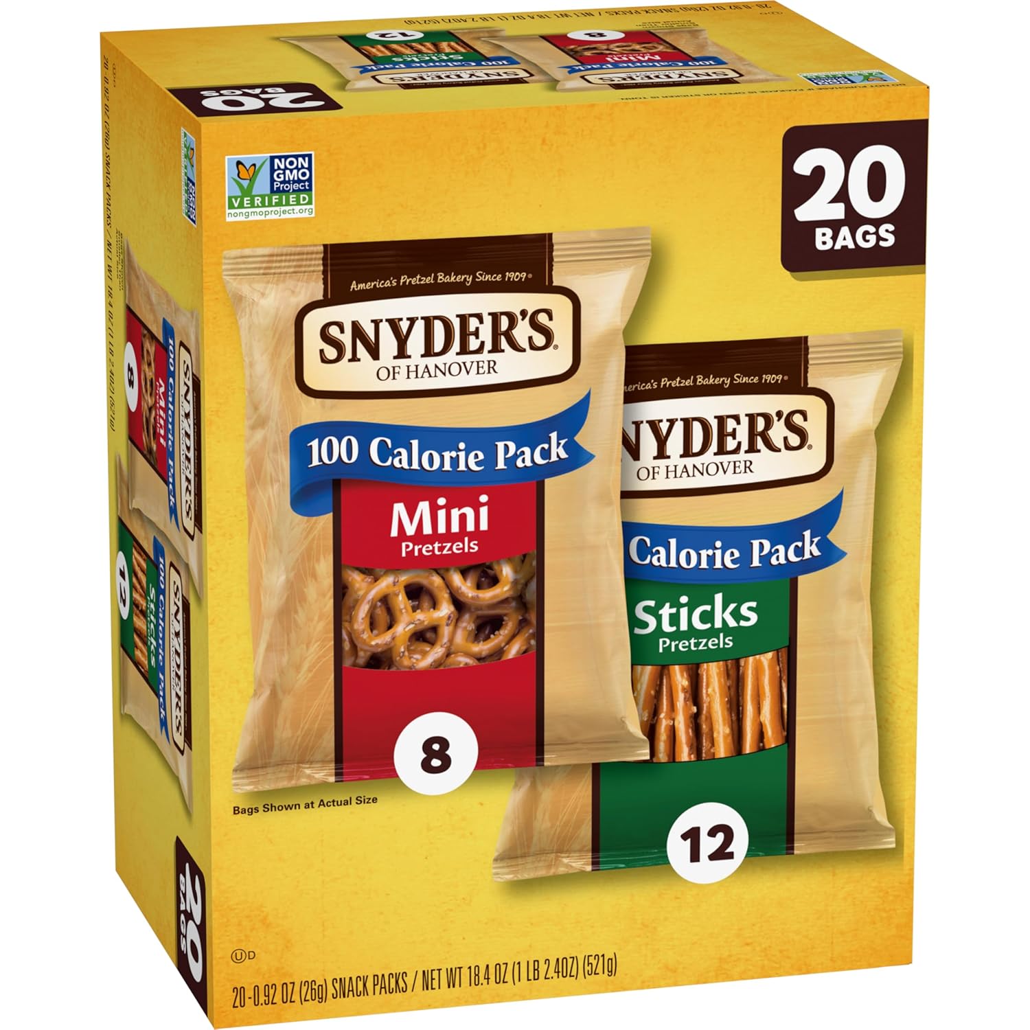 Snyder's of Hanover variety pack pretzels, 20 count, 0.92 oz, non-GMO, peanut-free, individually wrapped snack packs