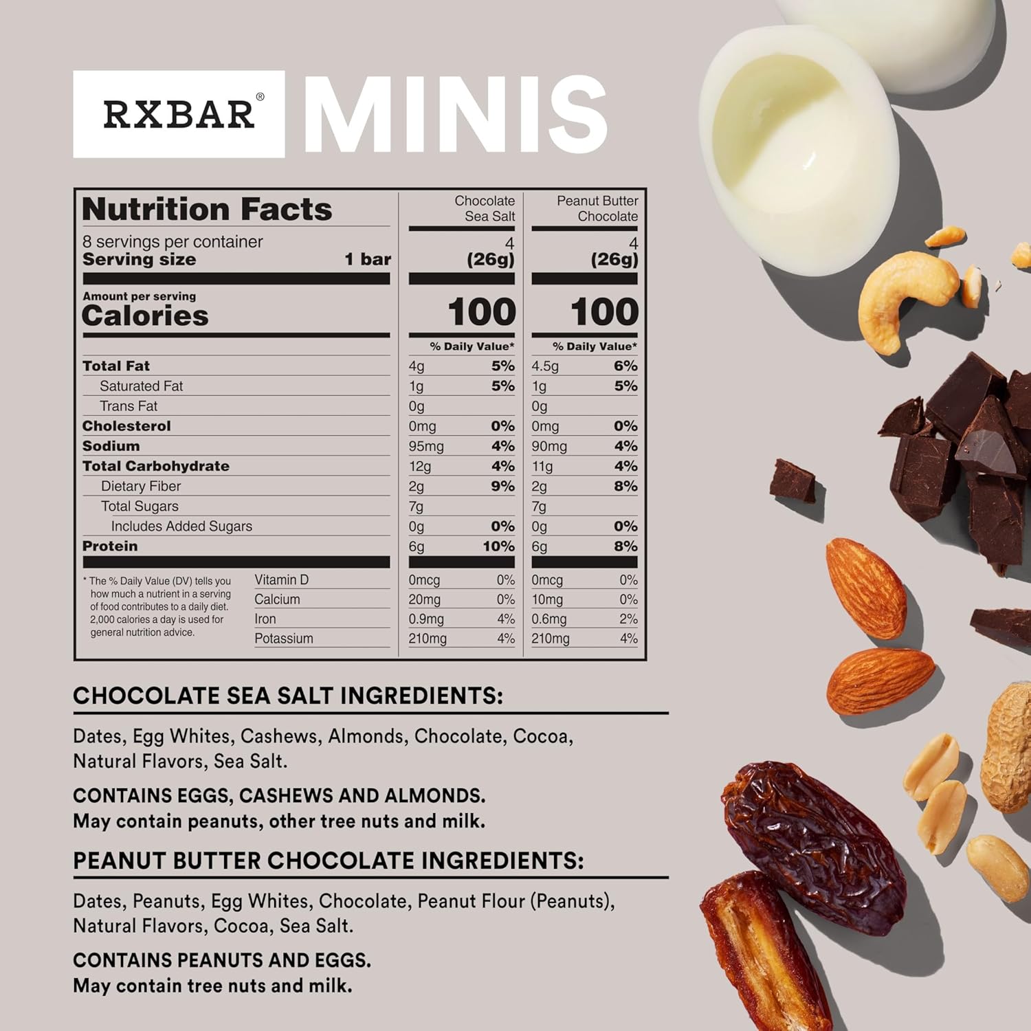 rxbar mini protein bars, 7.3oz box, 8 count, variety pack, peanut butter chocolate and chocolate sea salt