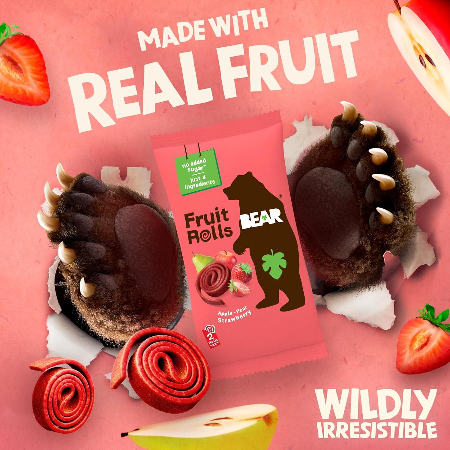 BEAR Real Fruit Snack Rolls - Gluten Free, Vegan, and Non-GMO, 0.7 Ounce, 36 Rolls, Strawberry, Healthy Snacks for Kids and Adults