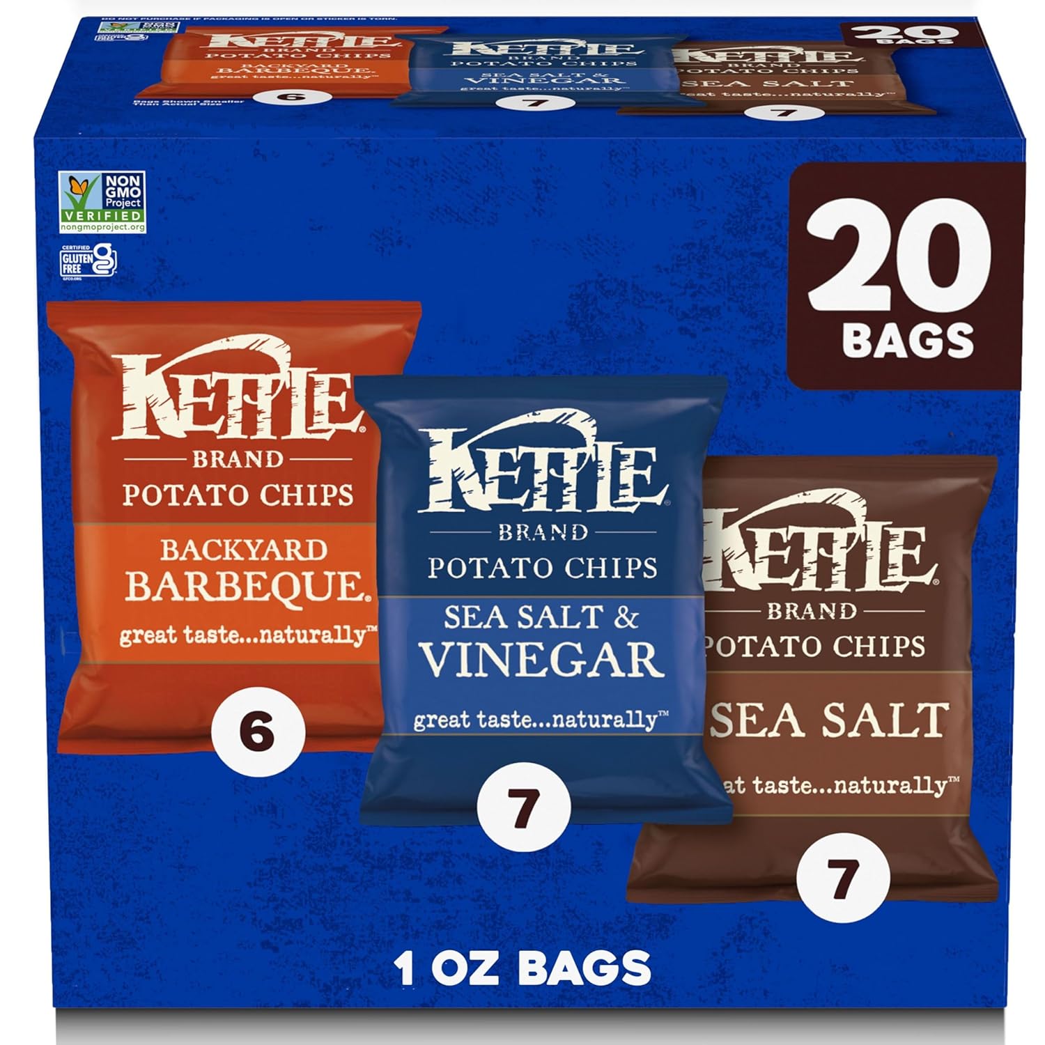 Kettle Brand 1 Oz, 20 Ct Potato Chips Variety Pack with Sea Salt, Vinegar, and BBQ