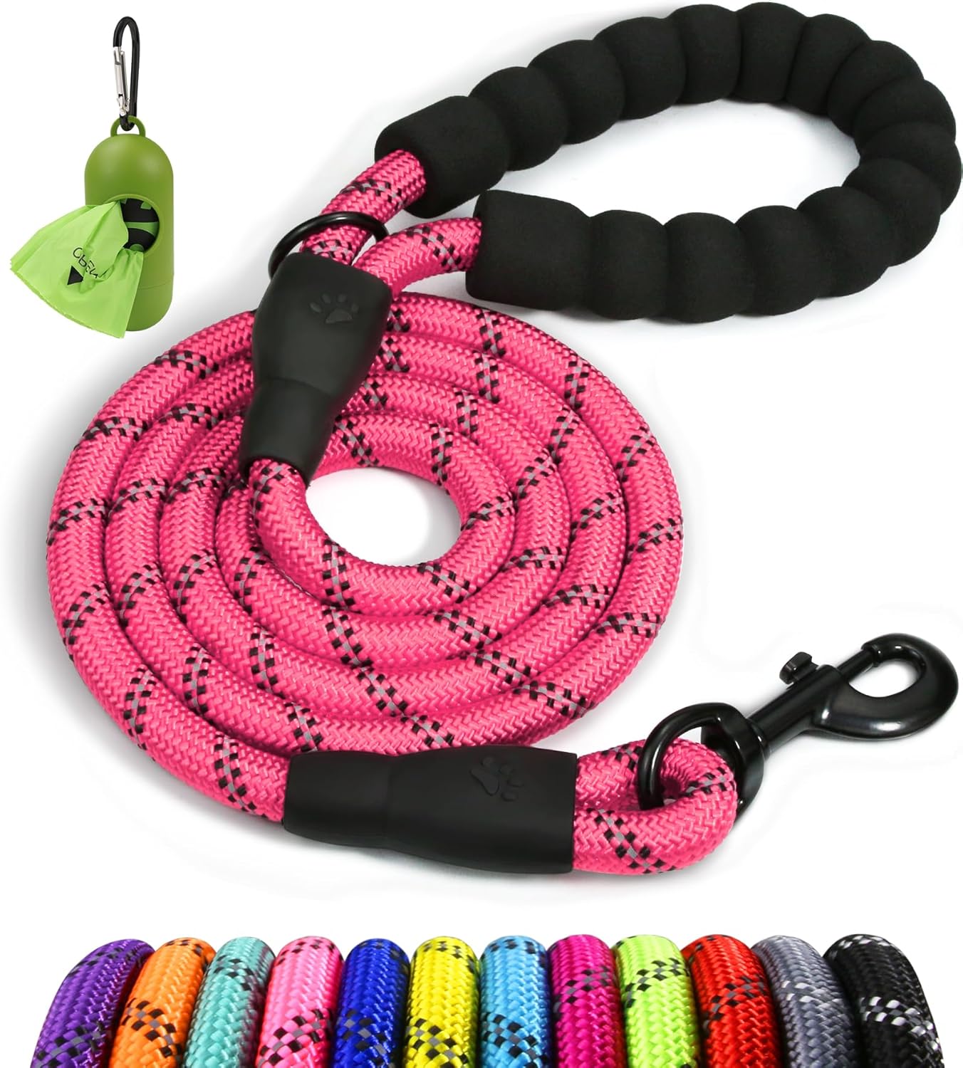 Taglory 6 FT Rope Dog Leash for Medium Large Dogs with Padded Handle, Reflective Threads, 1/2 inch, Black