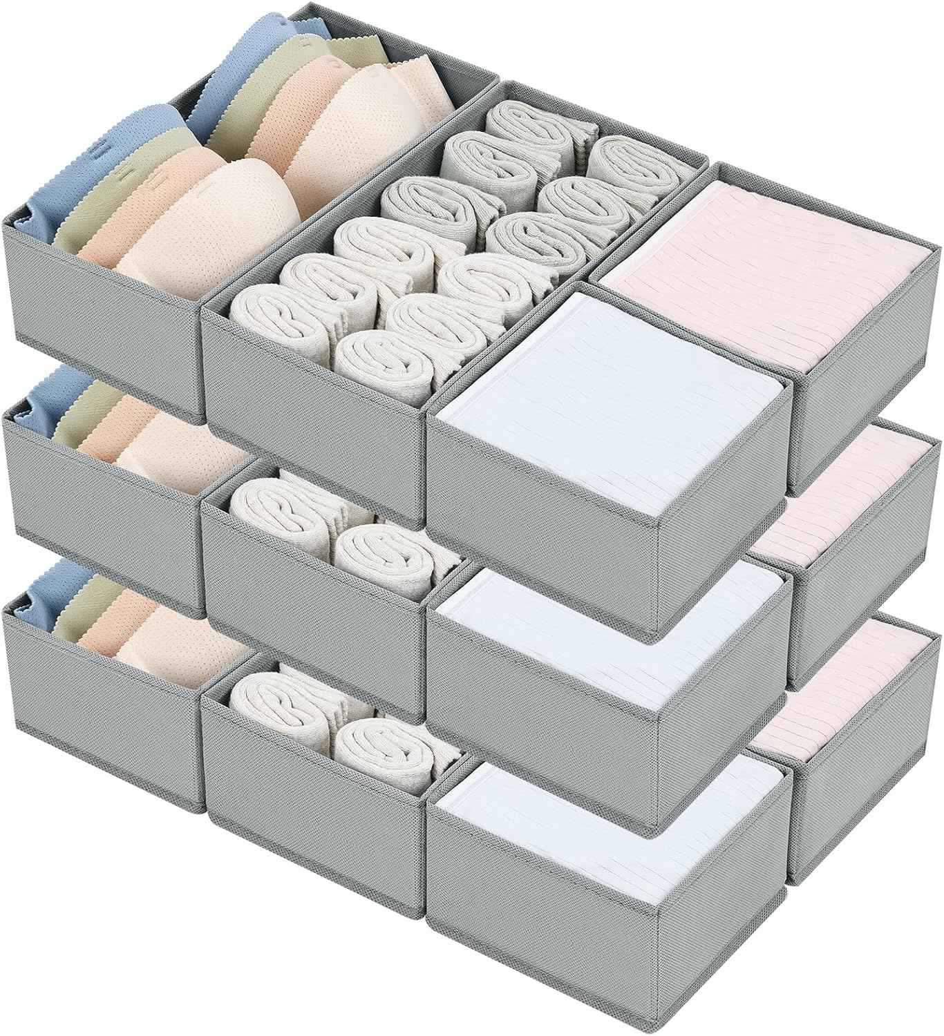 DIMJ Drawer Organizers Clothes, Set of 4 Dresser Organizer Bins, Fabric Closet Organizers and Storage, Shallow Drawer Dividers for Nursery, Clothing, Baby Clothes, Socks, Underwears, Tie (Beige)