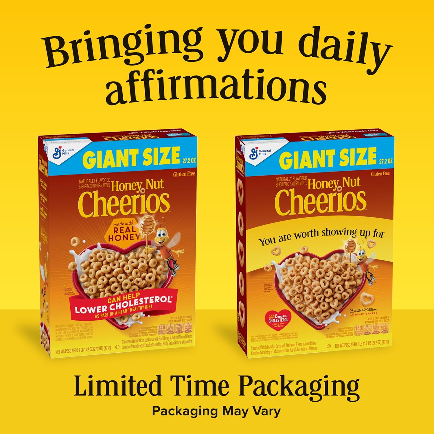 Honey Nut Cheerios heart healthy gluten free cereal, giant size, 27.2 oz, limited edition heart shapes and affirmations