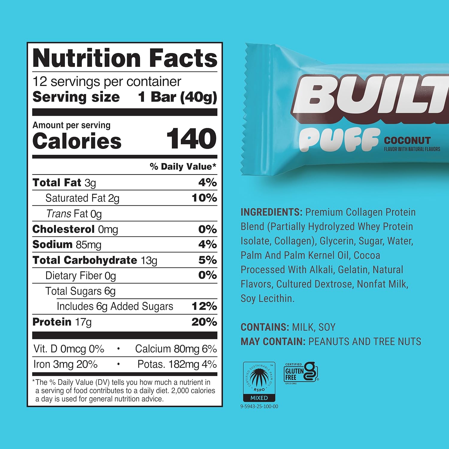 built bar coconut puff protein bars, 17g protein, 140 calories, 6g sugar, collagen, gluten free, 12 count