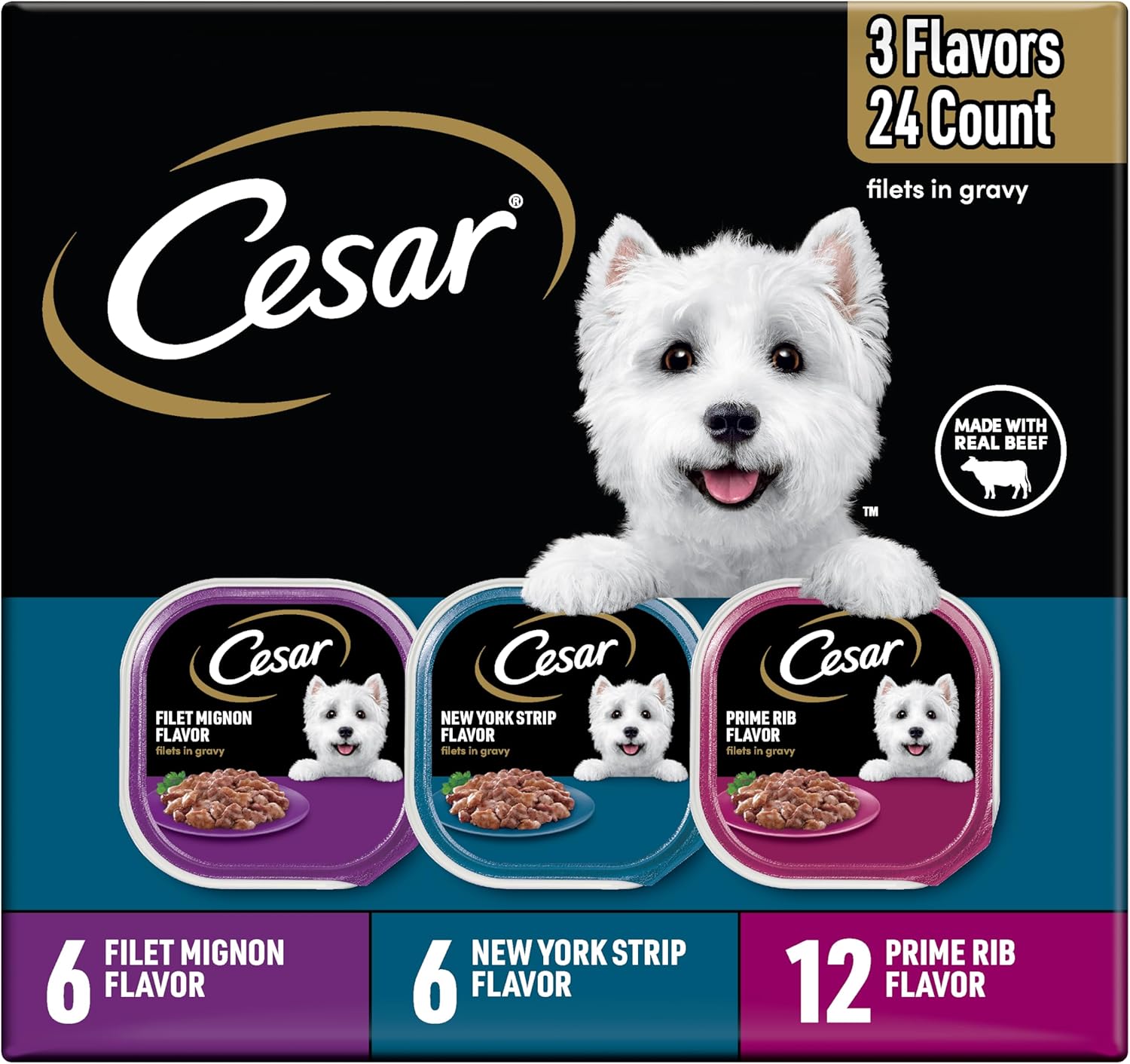 cesar filets in gravy wet dog food variety pack, 3.5 oz easy peel trays, usa made