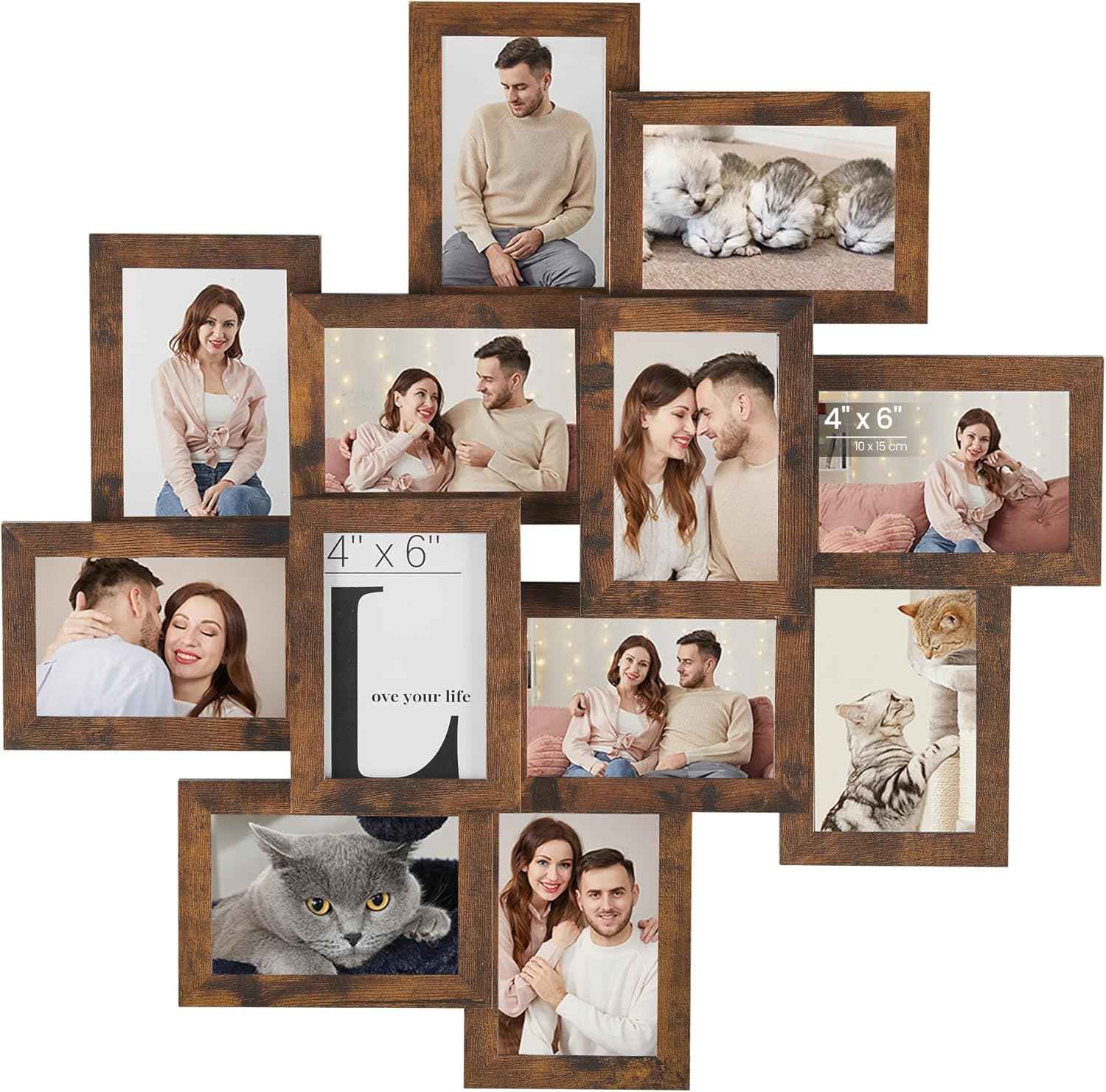 SONGMICS 4x6 Collage Picture Frames, 12-Pack Photo Collage Frame for Wall Decor, Glass Front, Assembly Required, Christmas Gift, Rustic Brown URPF022X01