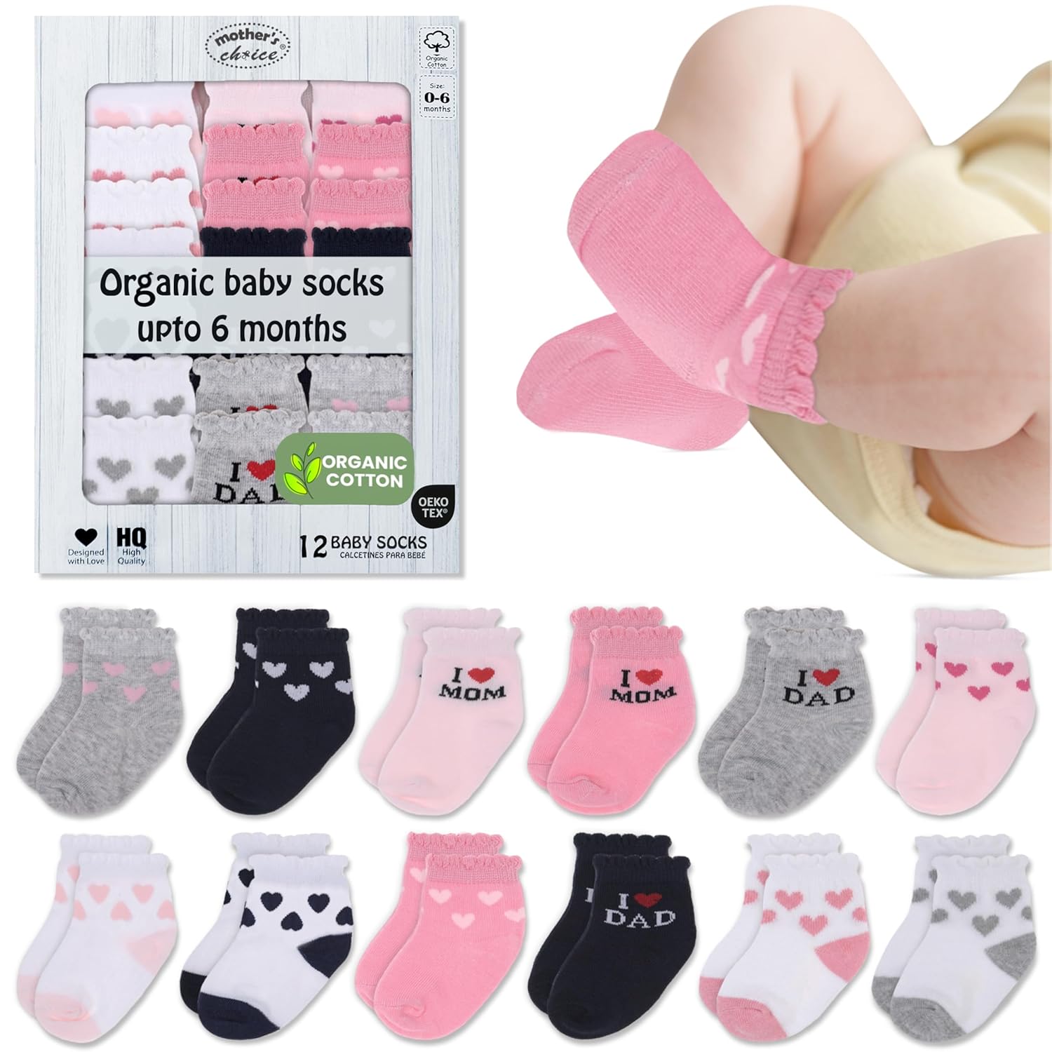 Mother's Choice Organic Cotton Baby Socks 0-6 Months, 12 pairs, Soft, Cozy, and Gentle Socks for Infants Girls and Boys