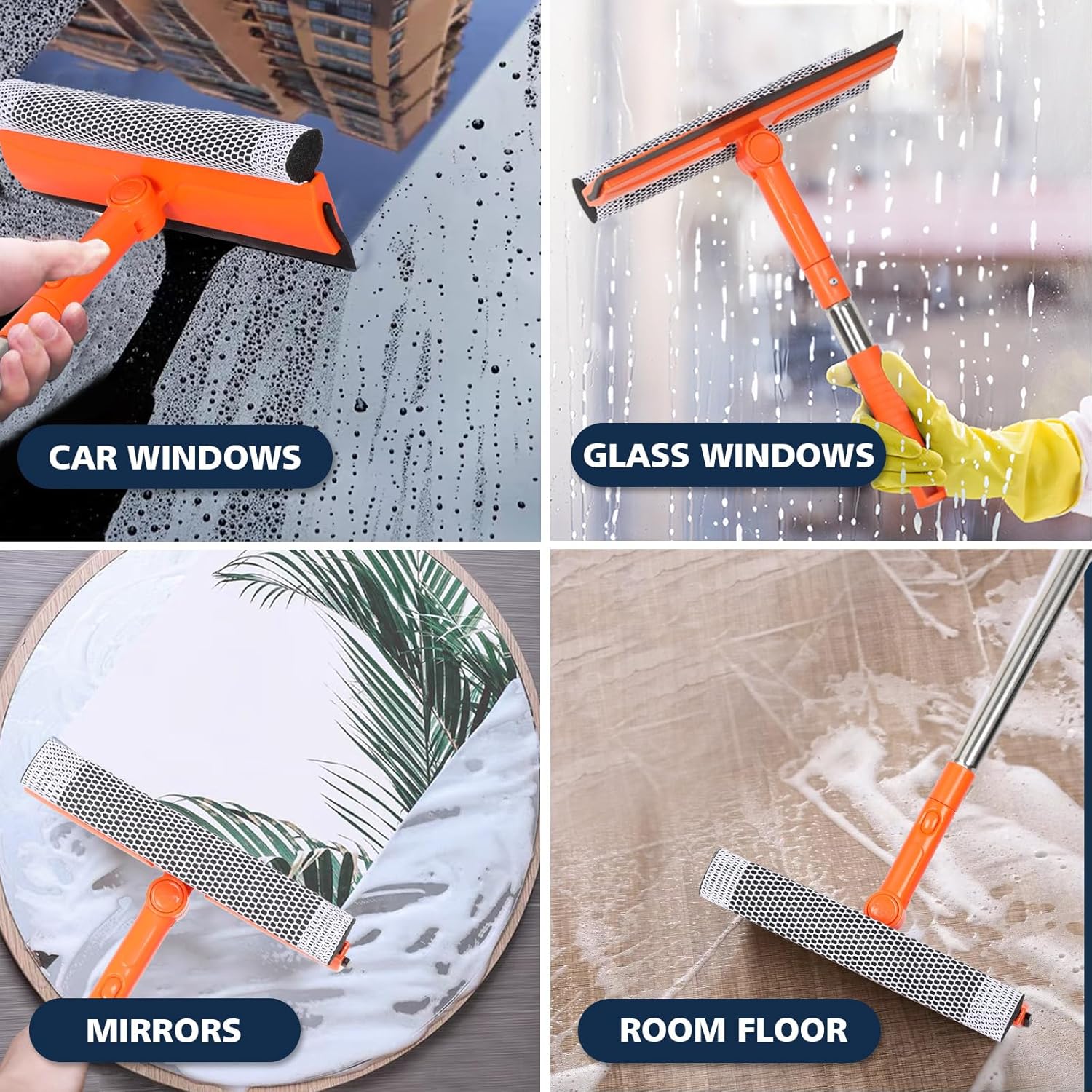 2 in 1 Professional Window Squeegee with soft rubber and sponge for car windshield and house windows
