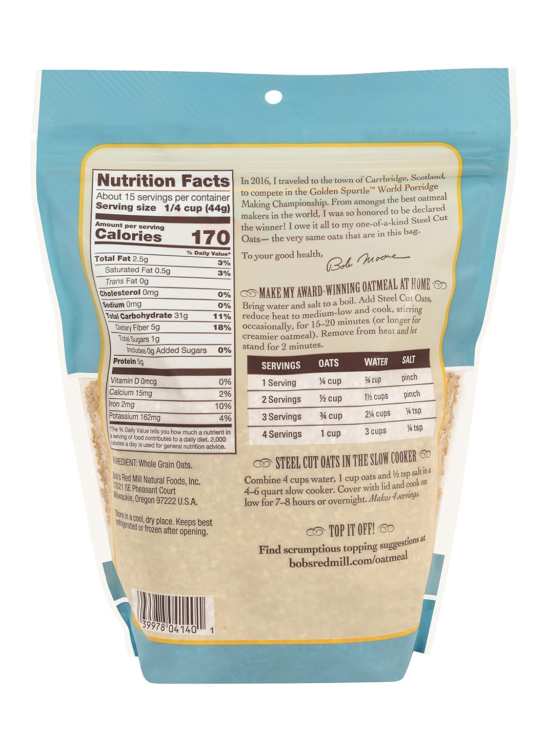 Bobs Red Mill steel cut oats, 24oz, non GMO, whole grain, vegan, kosher, pack of 4