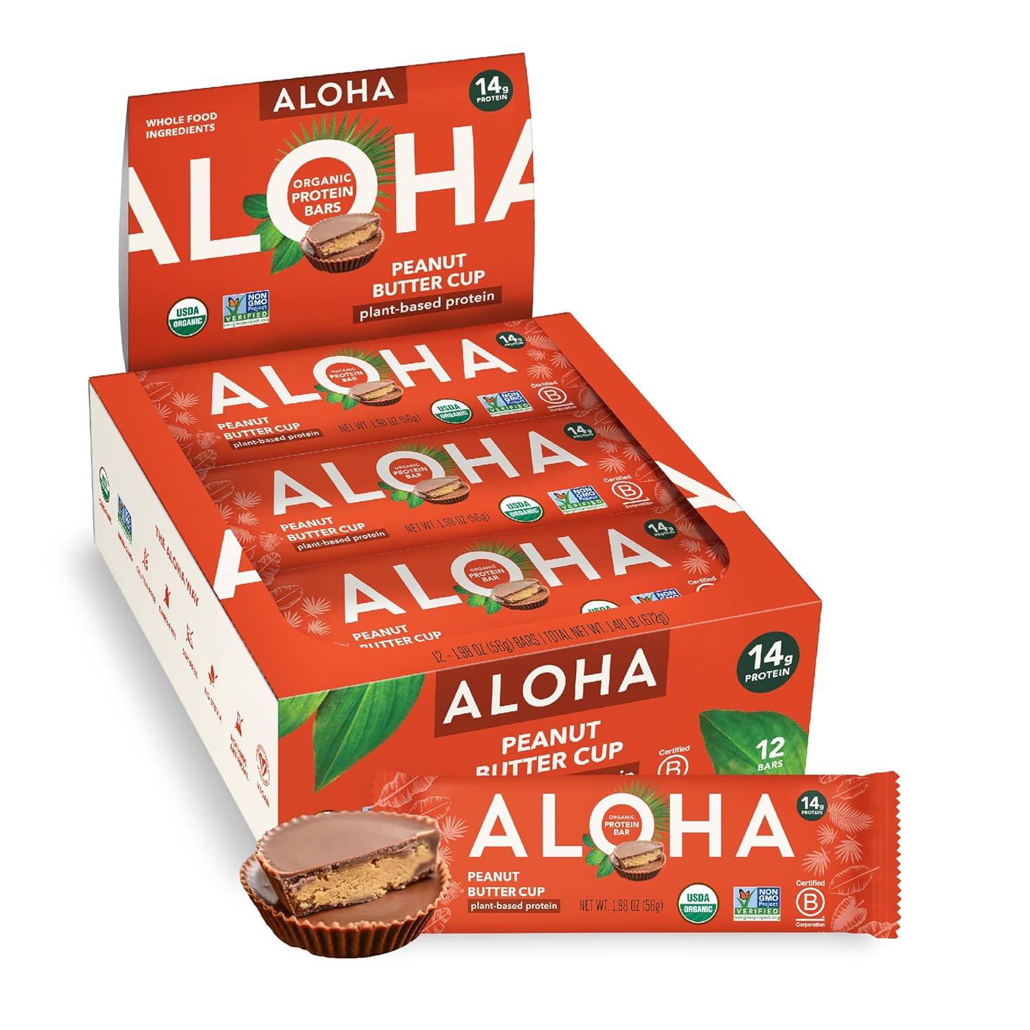 Aloha organic peanut butter cup protein bars 12-pack vegan low sugar gluten-free non-gmo