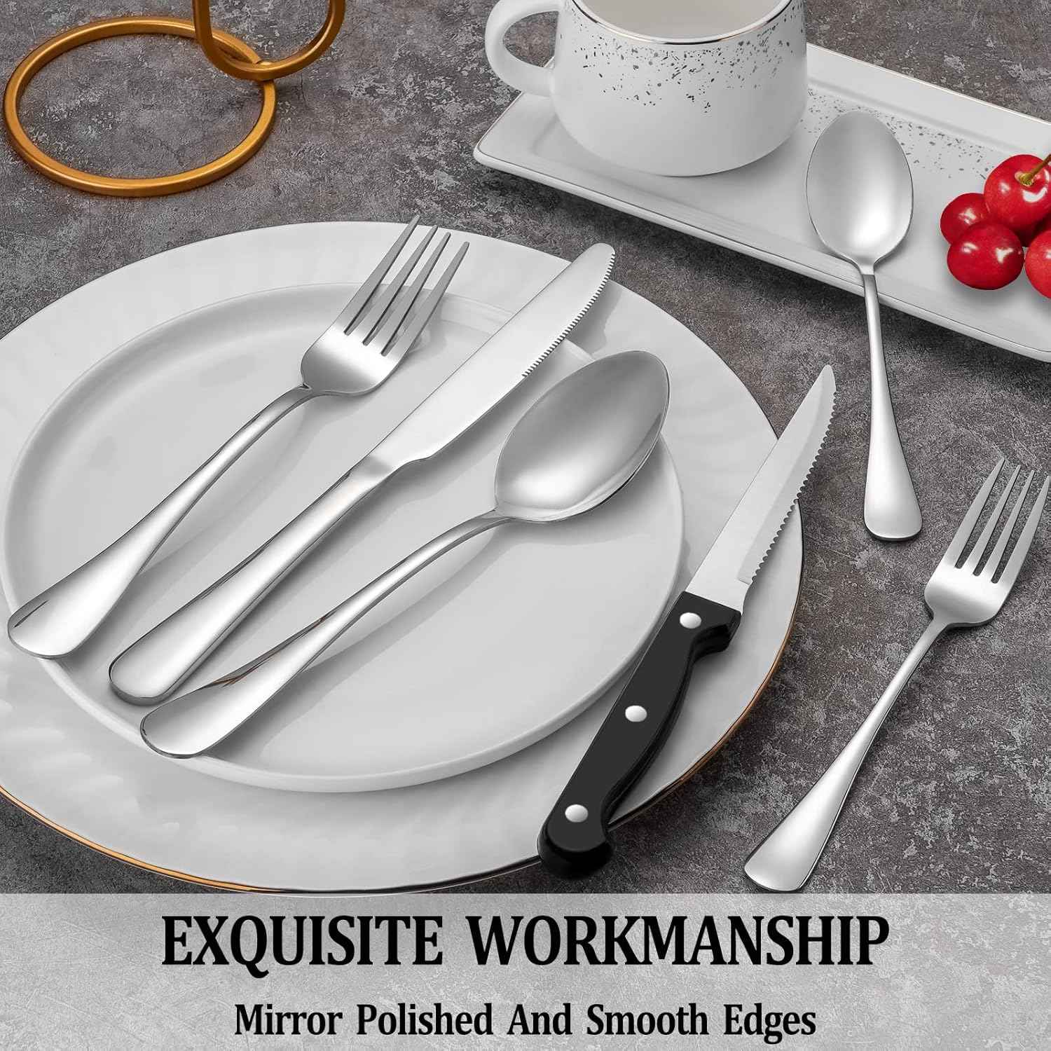 MUTNITT Silverware Set with Steak Knives Service for 4,Stainless Steel Flatware, Mirror Polished Cutlery Utensil Set for Home Kitchen Eating Tableware, Include Fork Knife Spoon, Dishwasher Safe