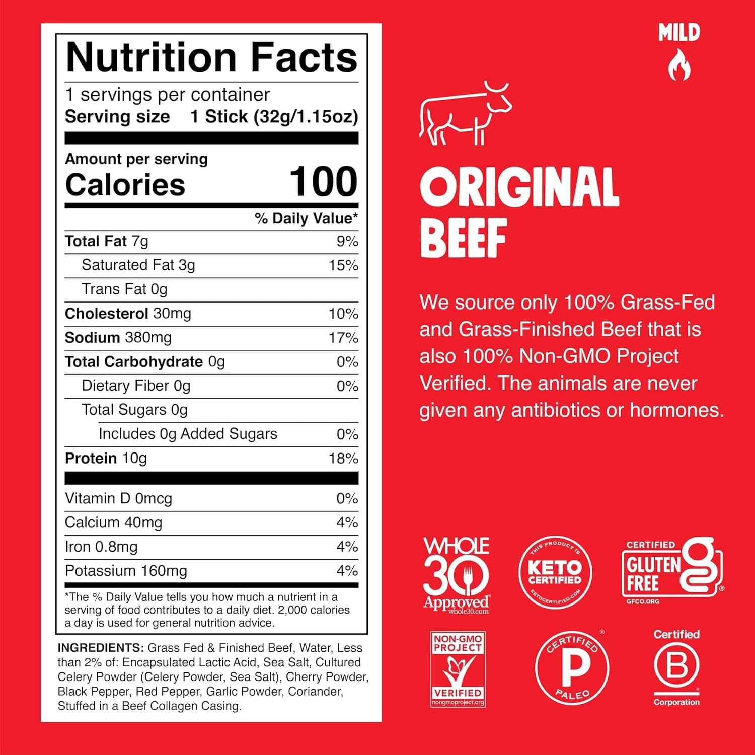 Chomps 10-pack grass-fed beef jerky snack sticks, keto, paleo, whole30, 10g protein, zero sugar, gluten-free