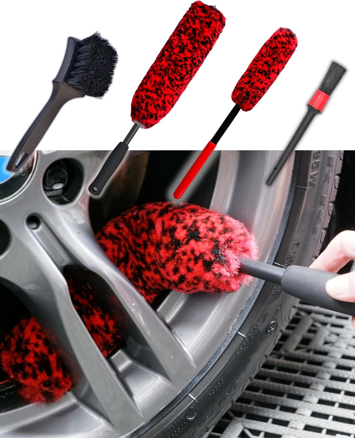 4-pack long handle wheel brush kit for cleaning wheel and tire with soft and stiff brushes
