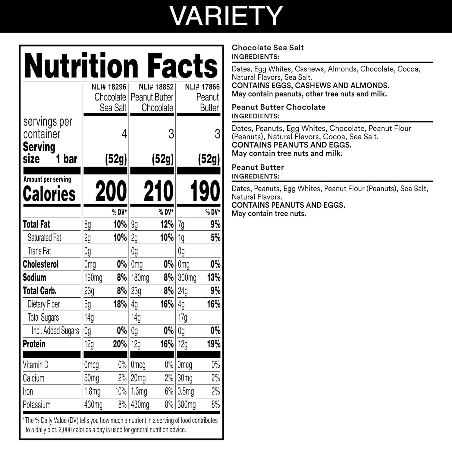 rxbar variety pack, 18.3oz box, 10 count, 12g protein snack bars