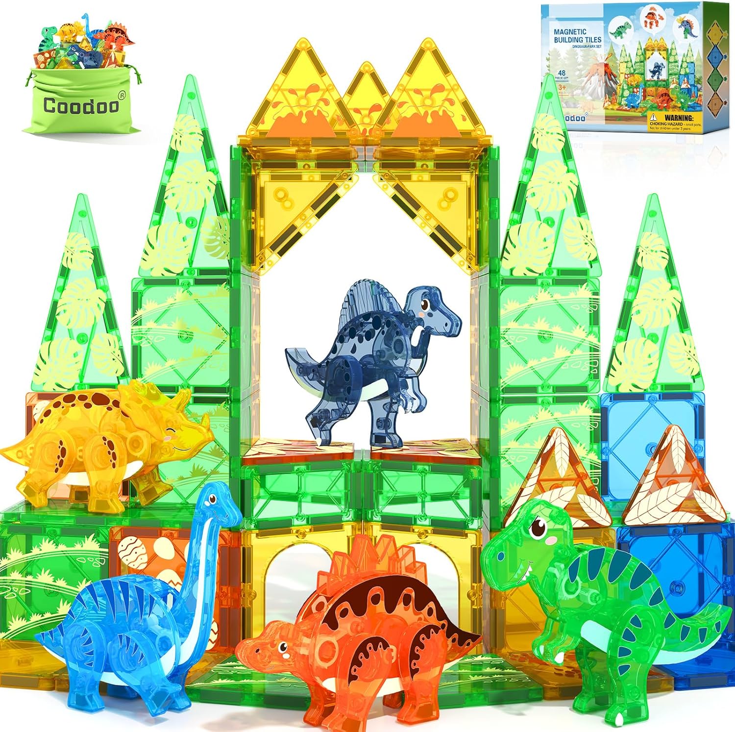 Coodoo Dinosaur Toys Magnetic Tiles 3D Movable Dinos for Kids 3-5 5-7 Toddler Outdoor Sensory Toys, STEM Educational Magnetic Blocks for 3+ Years Old Boys Girls Kids Toy