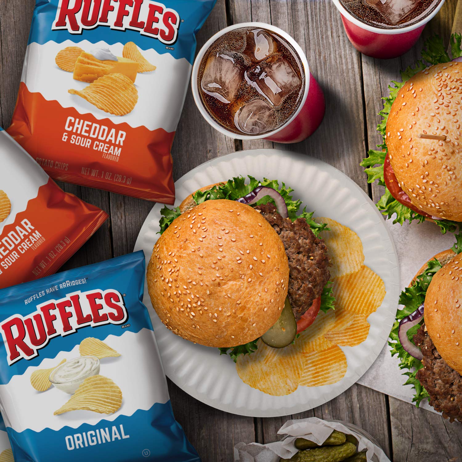 ruffles potato chips variety pack, 40-count, original, sour cream & onion, cheddar sour cream