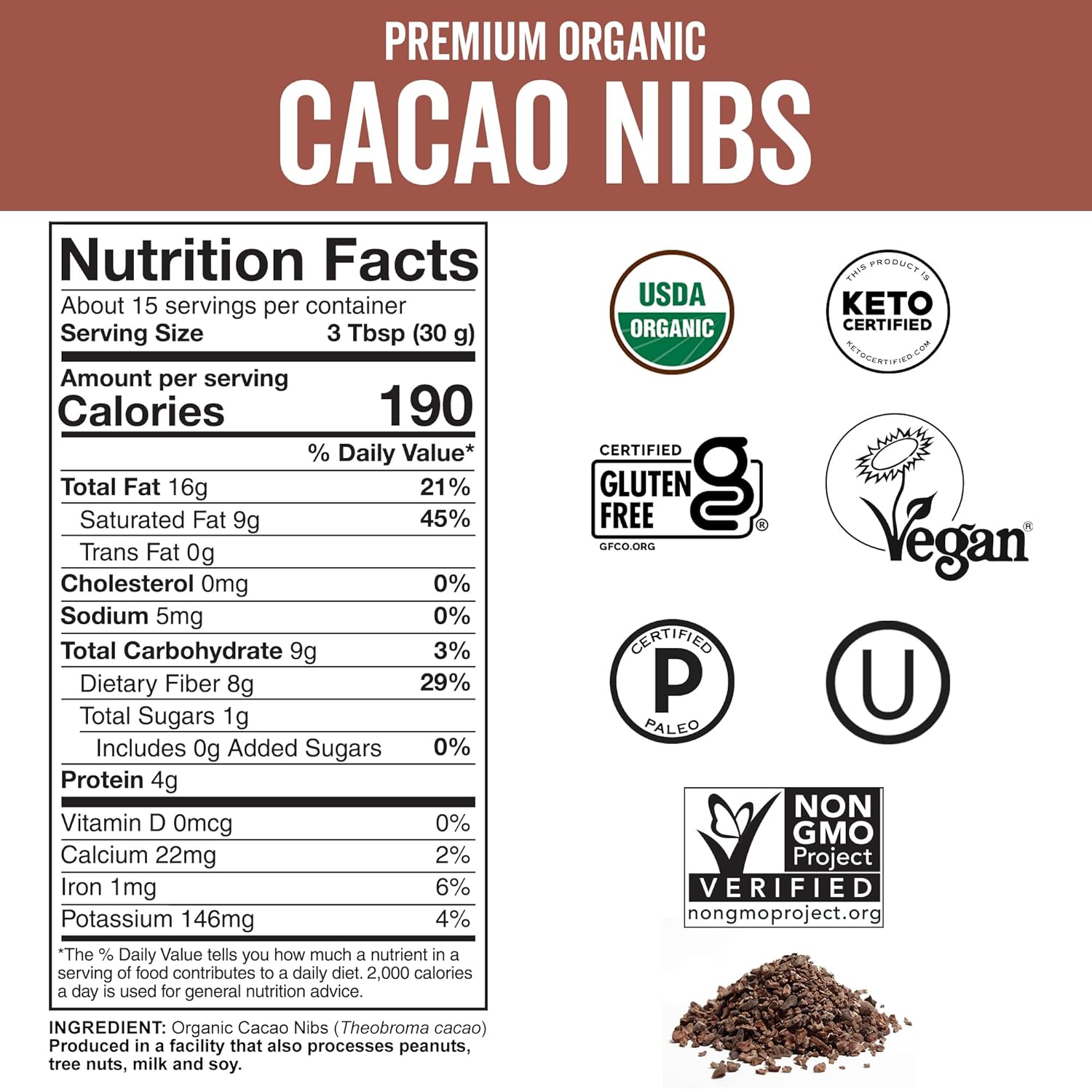 Viva Naturals Organic Cacao Nibs, 1 LB (454 g), Unsweetened, Keto Friendly, Vegan, Non-GMO, Gluten-Free