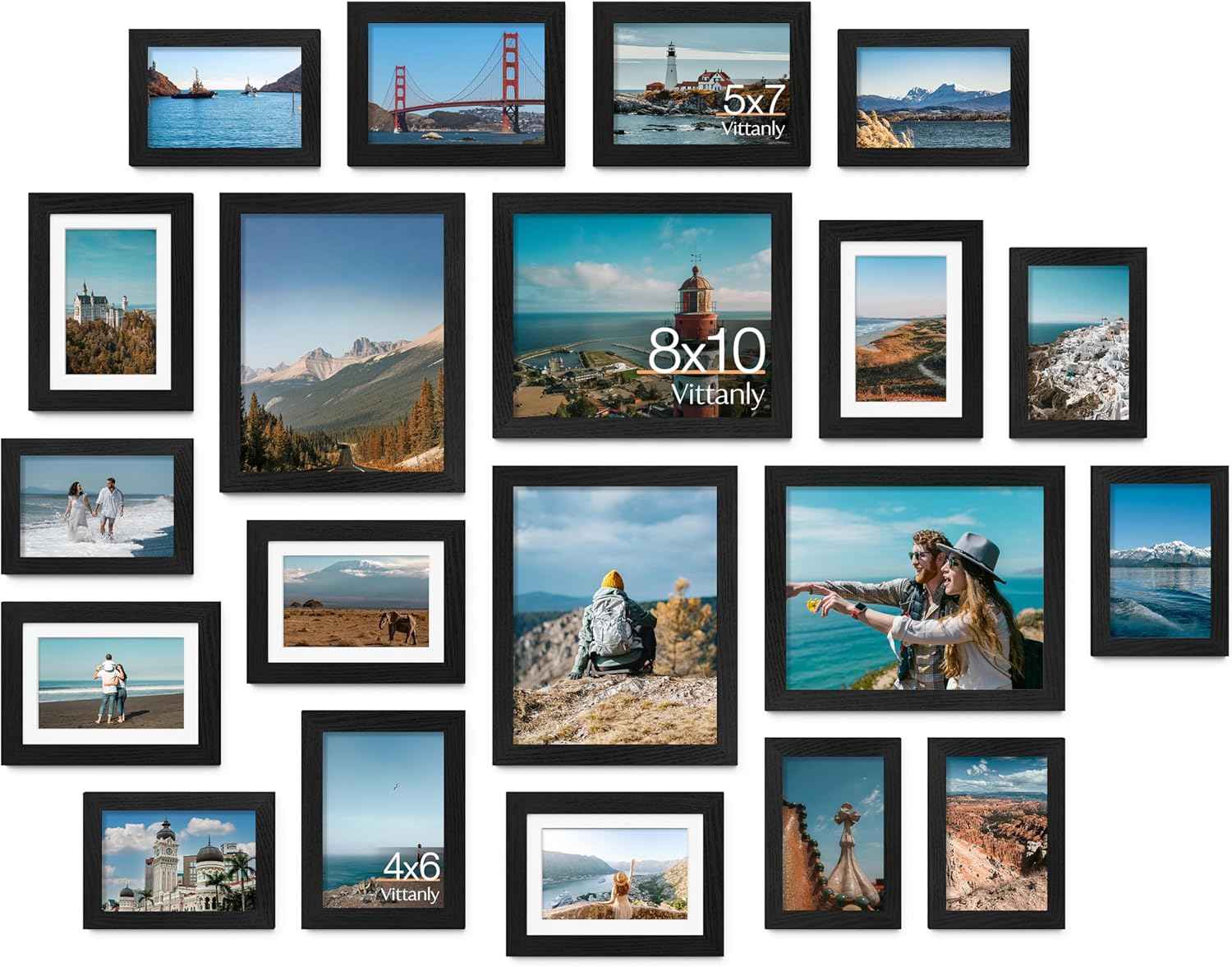 Vittanly 10 Pack Picture Frames Collage Wall Decor, Gallery Wall Frame Set for Wall or Tabletop Display, Engineered Wood and Shatter-resistant Plexiglass, Multi Sizes with 8x10, 5x7, 4x6 Frames, Black