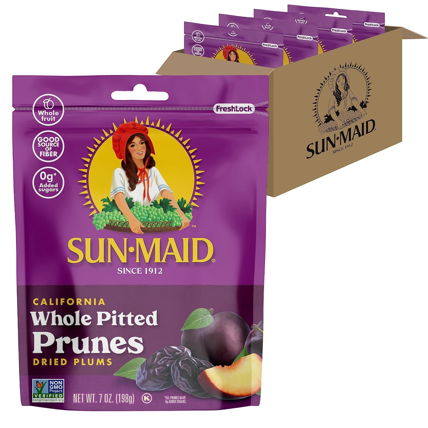 Sun-Maid California sun-dried whole pitted prunes, 4-pack, 7oz resealable bags, dried plums snack