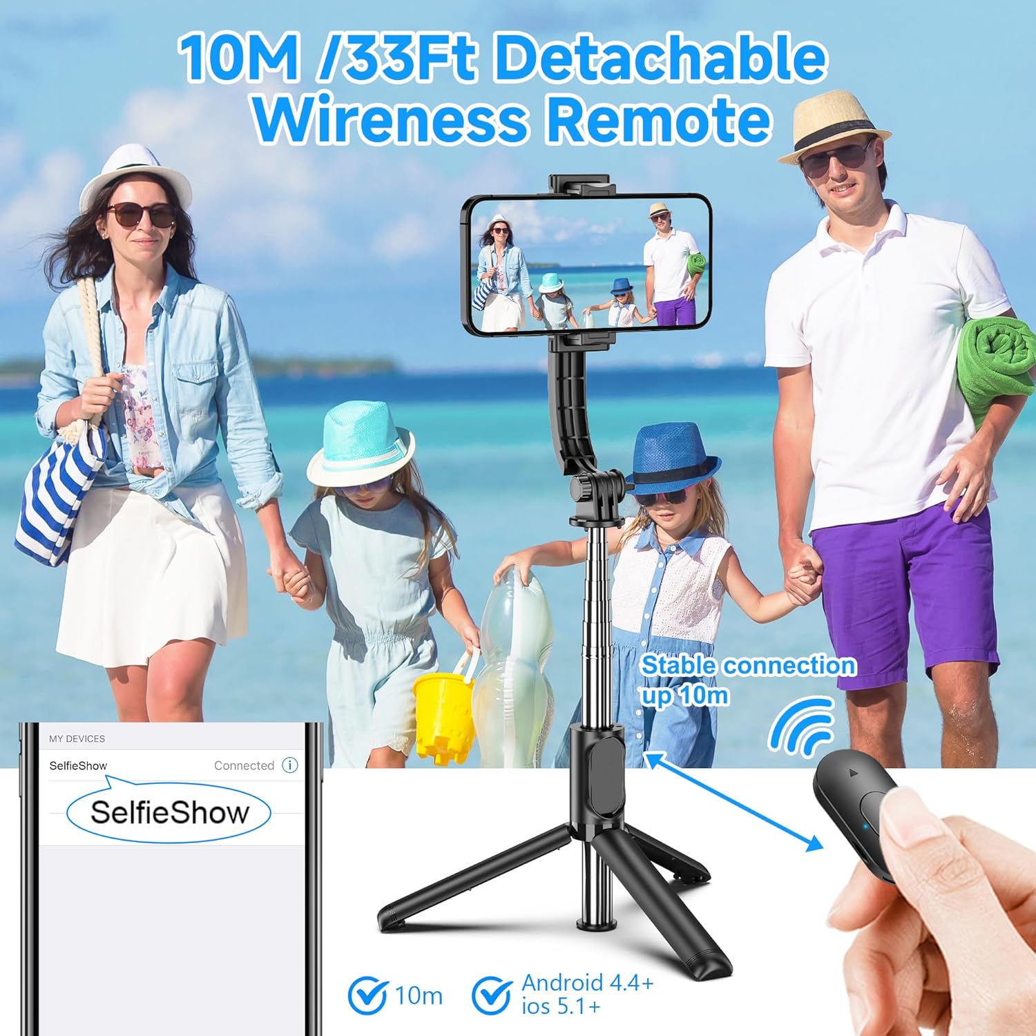 SelfieShow Selfie Stick, Extendable Selfie Stick Tripod with Wireless Remote and Tripod Stand, Portable, Lightweight, Compatible with iPhone 17 16 15 14 13 12 Pro Xs Max/Samsung Smartphone and More