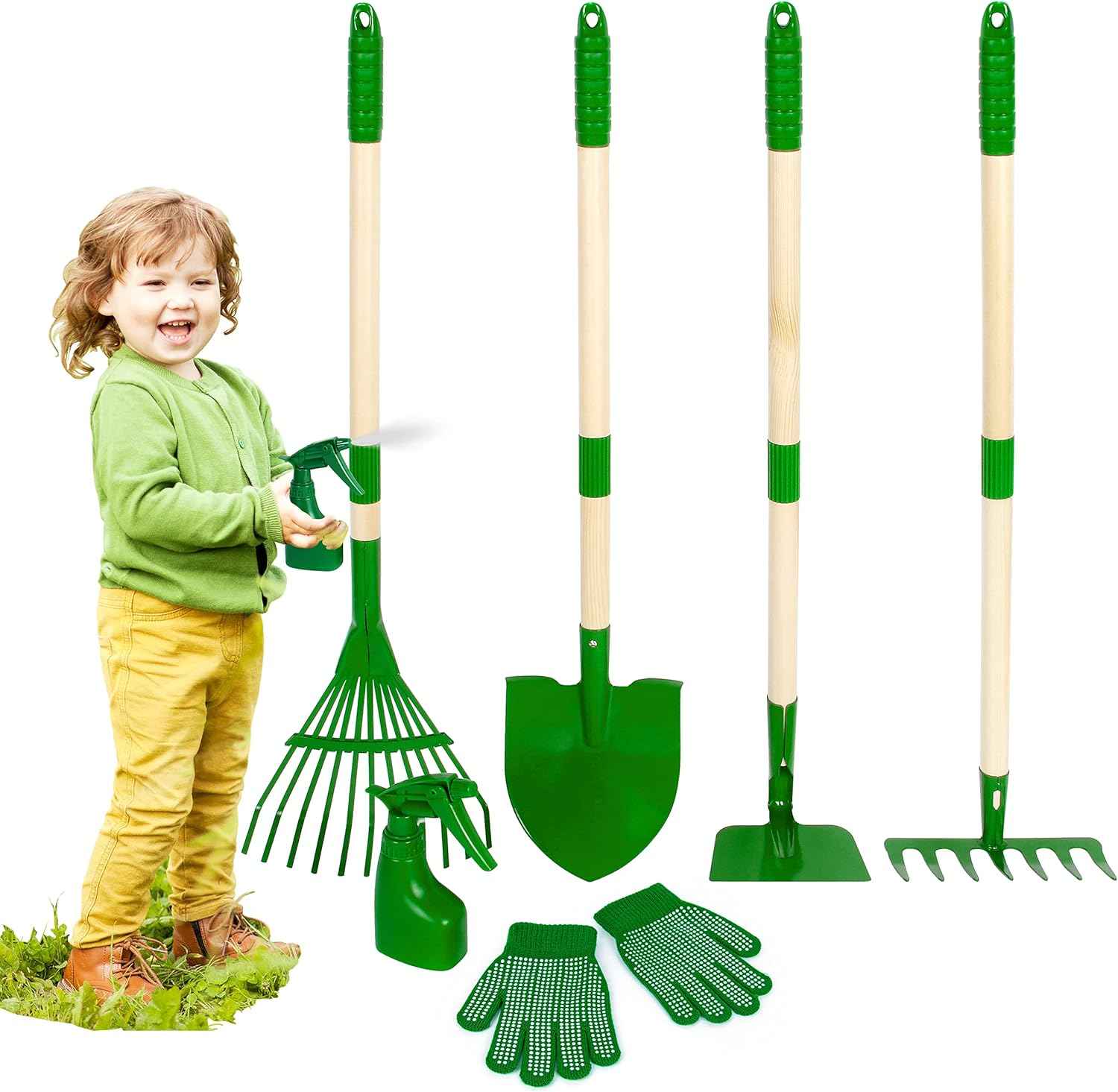 Duckura Kids Gardening Tools Set - 7pcs Wheelbarrow Set for Kids with Shovel, Rake, Leaf Rake, Summer Outdoor Yard Digging Weed Birthday Gifts Toys, Valentine's for Boys Girls Age 2 3+ Years(Green)