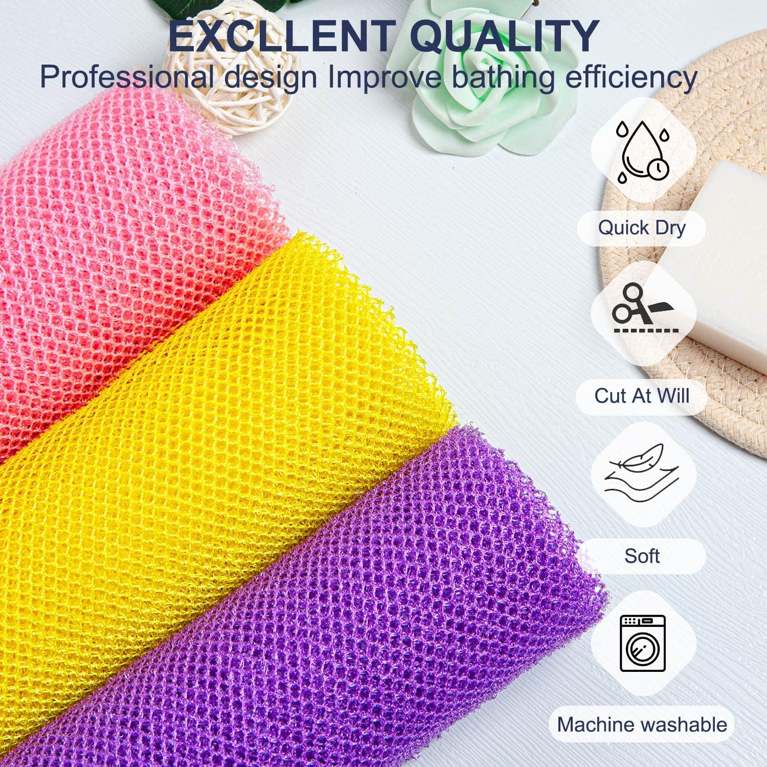 3 pieces premium nylon african bath sponge set, yellow pink purple, exfoliating net wash scrubber