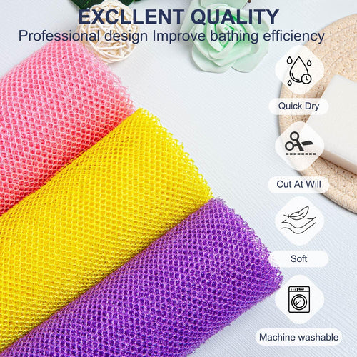 3 pieces premium nylon african bath sponge set, yellow pink purple, exfoliating net wash scrubber