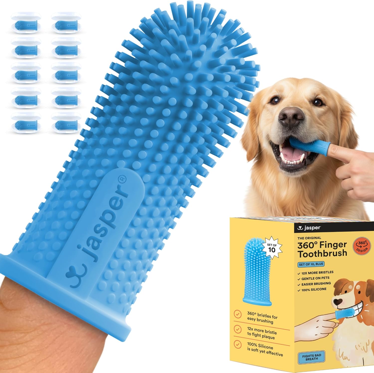 Jasper 2-pack 360-degree dog toothbrush kit for small and large pets, blue