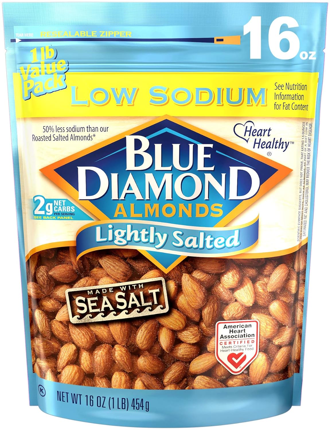blue diamond lightly salted almonds, 16 oz resealable bag, low sodium snack nuts